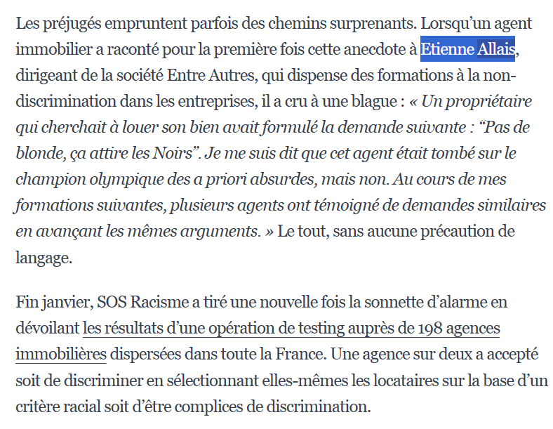 's tweet image. En lisant un article du Monde, je découvre Étienne Allais. En regardant son profil LinkedIn, je vois qu’il est engagé à SOS Racisme tout en dirigeant une société qui propose des formations sur les discriminations. La combinaison dénonciation / conseil aux entreprises dénoncées
