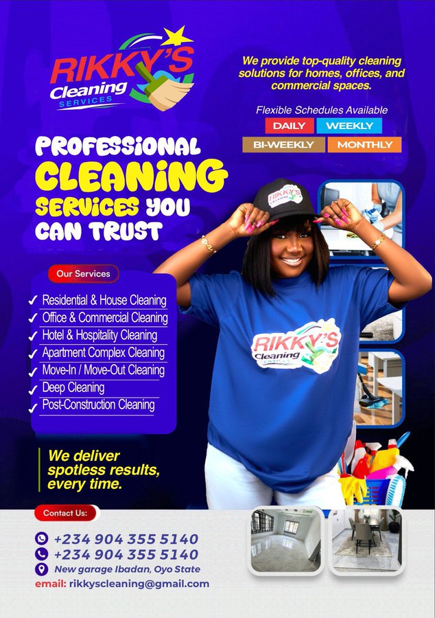 Your space deserves to shine like new ✨

Let Rikky’s Cleaning Services handle the dirt while you enjoy a spotless environment.

✔ Homes
✔ Offices
✔ Apartments
✔ Hotels
✔ Deep Cleaning

📅 Flexible plans: Daily | Weekly | Bi-Weekly | Monthly

📞 Book now: +234 904 355 5140