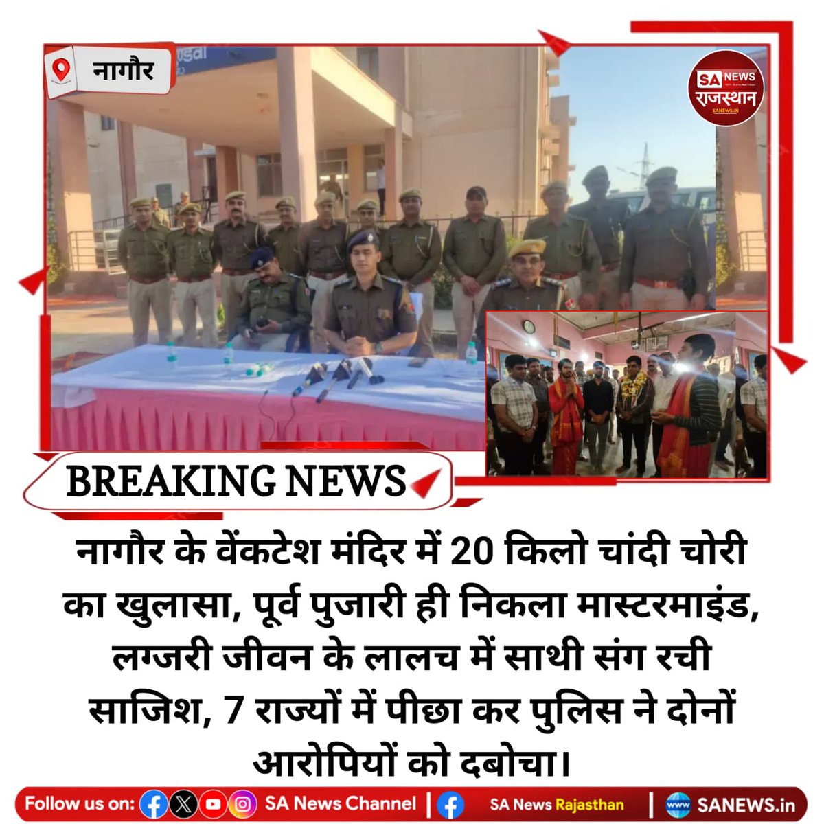 नागौर के वेंकटेश मंदिर में 20 किलो चांदी चोरी का खुलासा, पूर्व पुजारी ही निकला मास्टरमाइंड, लग्जरी जीवन के लालच में साथी संग रची साजिश, 7 राज्यों में पीछा कर पुलिस ने दोनों आरोपियों को दबोचा
#NagaurNews
#TempleTheft
#RajasthanPolice
#BreakingNews
#CrimeNews
#viralnews