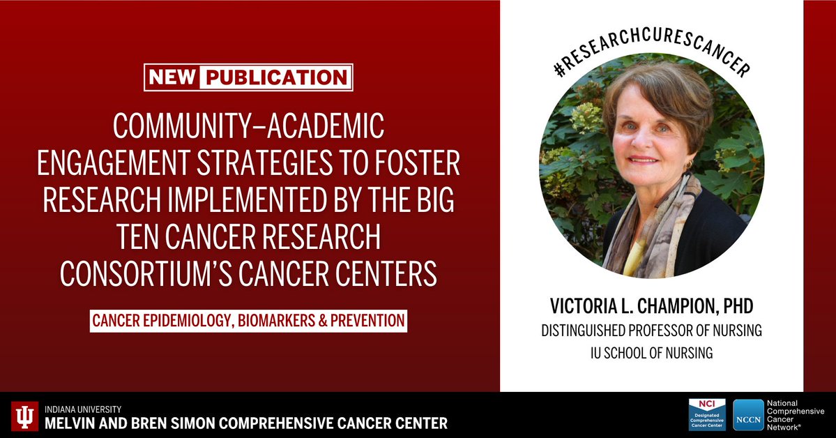 IUCancerCenter's tweet image. Learn about the latest in cancer research from the cancer center’s Victoria L. Champion, PhD, and colleagues in their recent article published in Cancer Epidemiology, Biomarkers &amp;amp; Prevention. Read more: ow.ly/7XnN50Y8YGp. #ResearchCuresCancer #NCIcomprehensive @CEBP_AACR