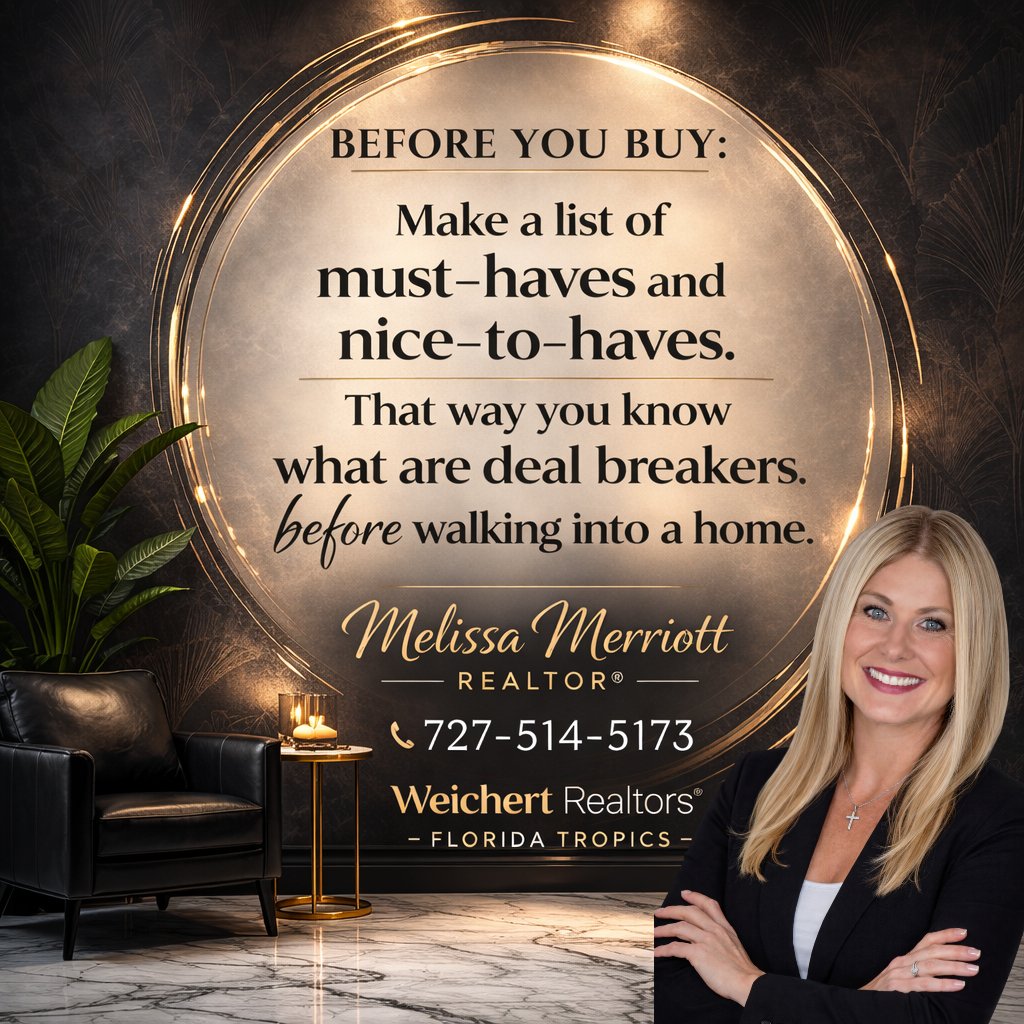 Melisa1Realtor's tweet photo. One of the first things I ask buyers is:
“What can you NOT live without?
Knowing that difference saves time, stress, and emotional rollercoaster

Melissa Merriott | REALTOR®
📲 727-514-5173
Weichert Realtors Florida Tropics
#HudsonFL  #Florida #SmartHomeBuying #WeichertRealtors https://t.co/D84kLU2koT