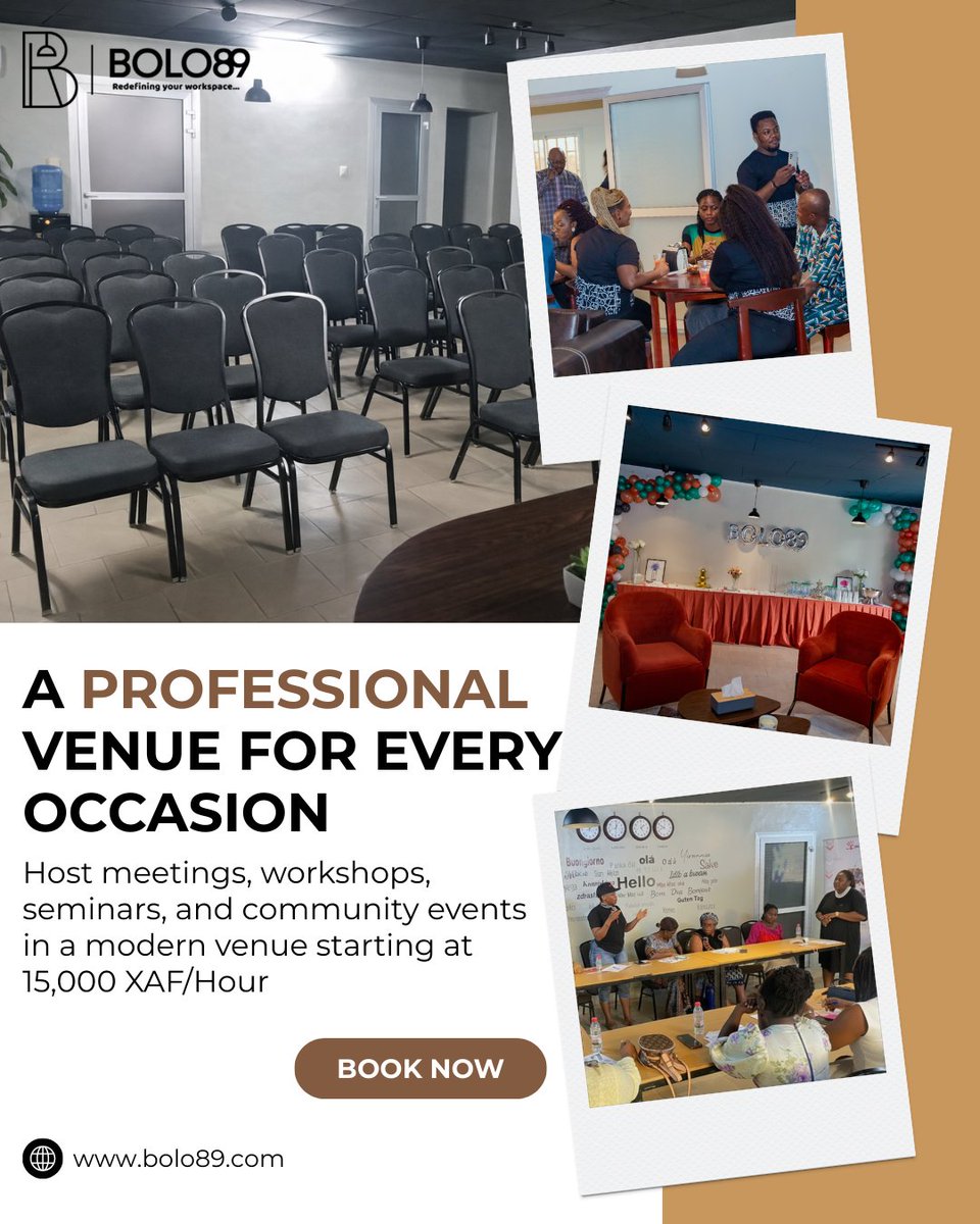 𝗧𝗛𝗘 𝗣𝗘𝗥𝗙𝗘𝗖𝗧 𝗦𝗣𝗔𝗖𝗘 𝗙𝗢𝗥 𝗬𝗢𝗨𝗥 𝗘𝗩𝗘𝗡𝗧𝗦
A professional venue for workshops, seminars, trainings, and community events in Douala.
Book your space today.
#BOLO89 #EventSpace #DoualaEvents #WorkshopVenue