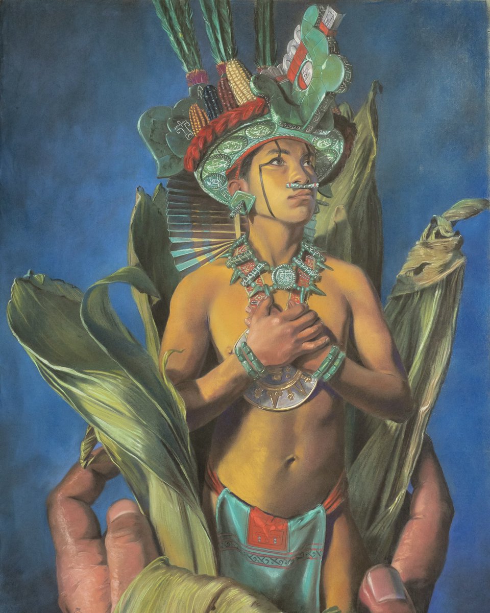 MiCorazonMexica's tweet photo. Every tortilla begins with a sacrifice.

Centeotl, the Maize Himself. In this pastel painting inspired by an ancient Maya figure, a farmer lifts an ear of corn that opens to reveal the young “God” within it.

Part of my ongoing exploration of Mexica and wider Mesoamerican sacred imagery through codex-inspired painting.

Print here:
[https://t.co/eyd7lkj9eQ)