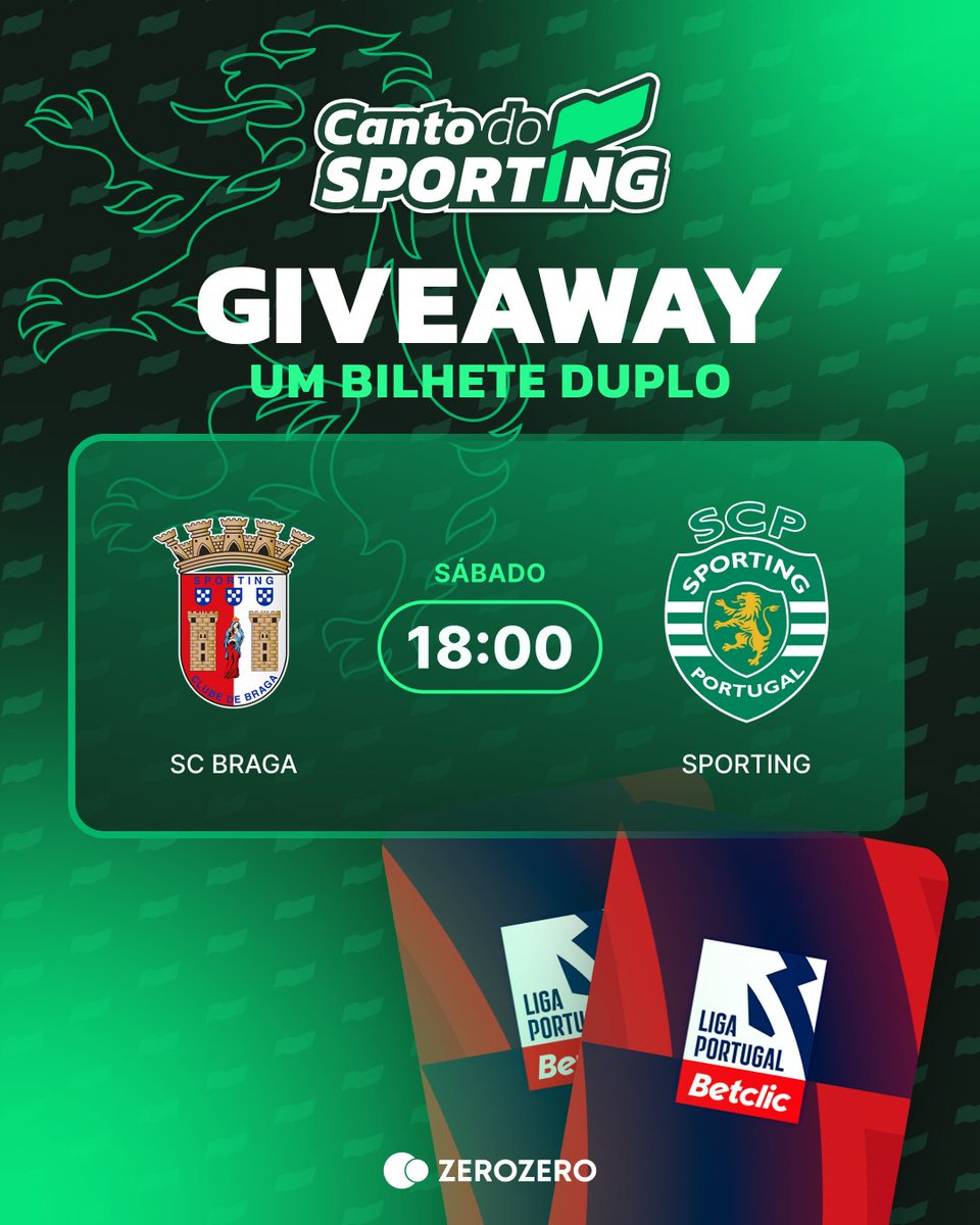 GIVEAWAY PARA A PEDREIRA 🚨

Temos um bilhete duplo para o SC Braga x Sporting 

Só têm de:  
🔄 Dar retweet
✅ Seguir a página
🫂 Identificar um amig@ as vezes que quiserem

Contamos convosco, leões 🦁