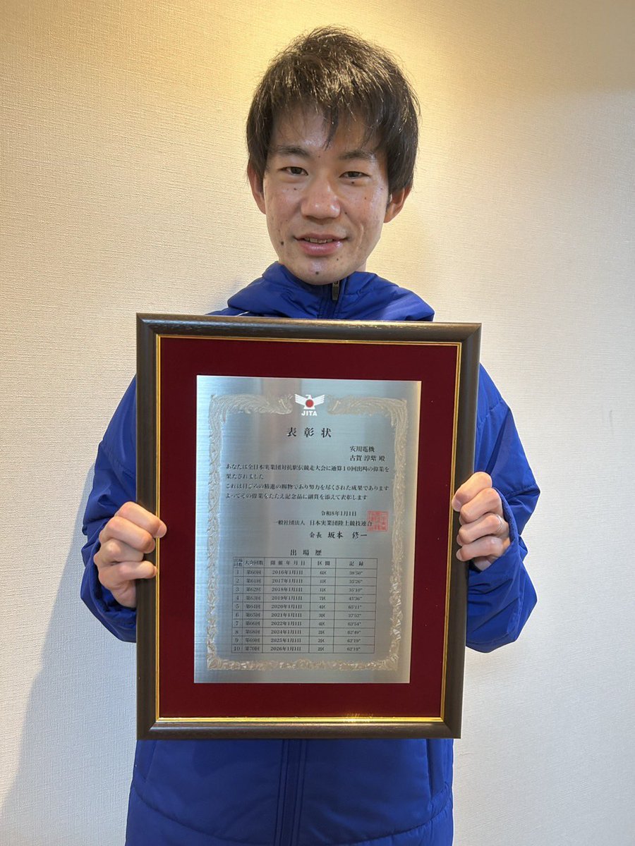 yaskawa_run's tweet photo. この度古賀淳紫選手が、ニューイヤー駅伝通算10回目の出場を果たし、記念品をいただきました！
2019年大会ではチーム初の区間賞を獲得！
2022大会の4区では、今では代名詞とも言えるごぼう抜きを披露しました。
今後も古賀選手の活躍、乞うご期待ください！📣 https://t.co/zdeIOXuq4b