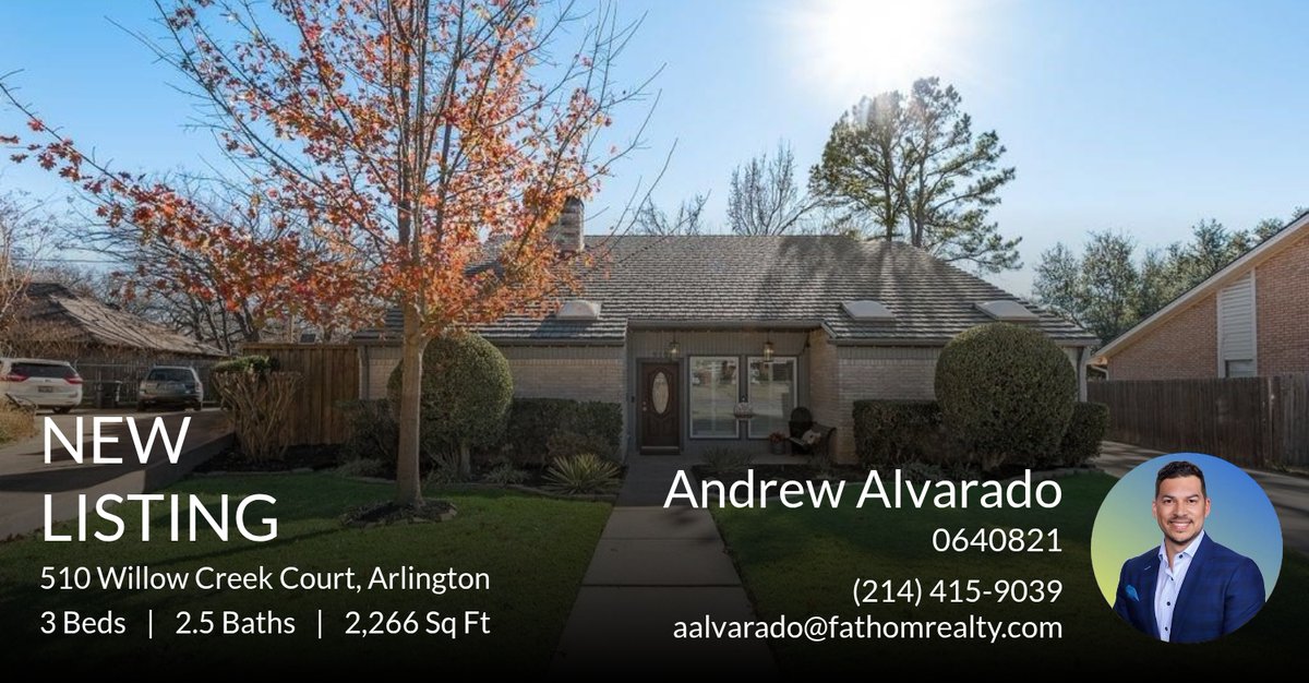 Ajaa23's tweet photo. 📍 New Listing 📍 Take a look at this fantastic new property that just hit the market located at 510 Willow Creek Court in Arlington. Reach out here or at (214) 415-9039 for more information

(214) 415-9039
Andrew Alvarado
Fathom R... https://t.co/VwEv58081z https://t.co/HwXbukYfUl