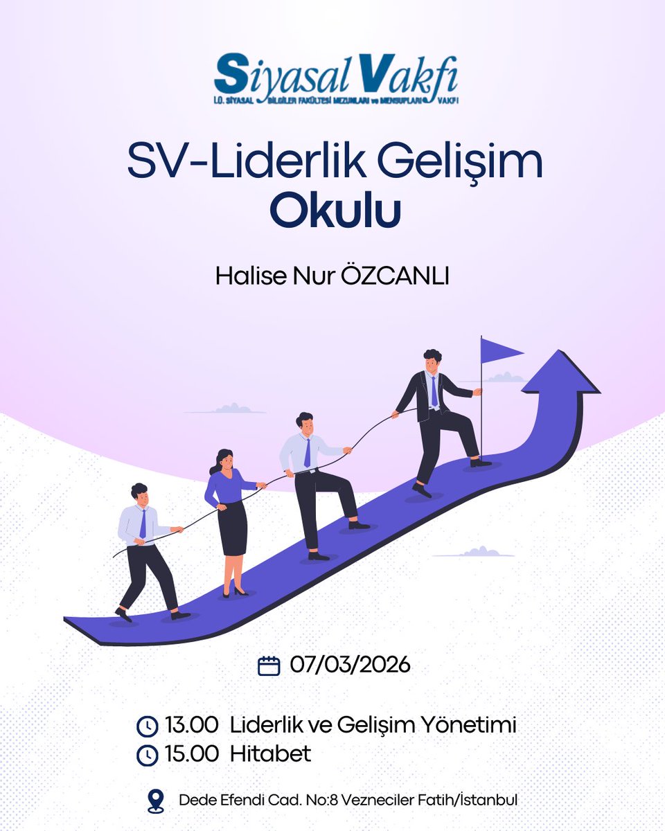 SV Eğitim ve Kariyer Programımız Liderlik Gelişim Okulu Devam Ediyor!📚✏️

🗓️ 7 Mart Cumartesi
📍 Siyasal Vakfı
🏫 Liderlik Gelişim Okulu
⏳13.00 Liderlik ve Gelişim Yönetimi
⏳15.00 Hitabet

#siyasalvakfi