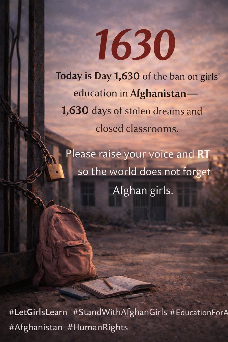 AfghanistanRW's tweet photo. Today is Day 1,630 of the ban on girls’ education in Afghanistan—1,630 days of stolen dreams and closed classrooms.

Please raise your voice and RT so the world does not forget Afghan girls.
#EndGenderApartheidInAfghanistan
 #StandWithAfghanGirls #EducationForAll #Afghanistan https://t.co/LCdMvyjWr5