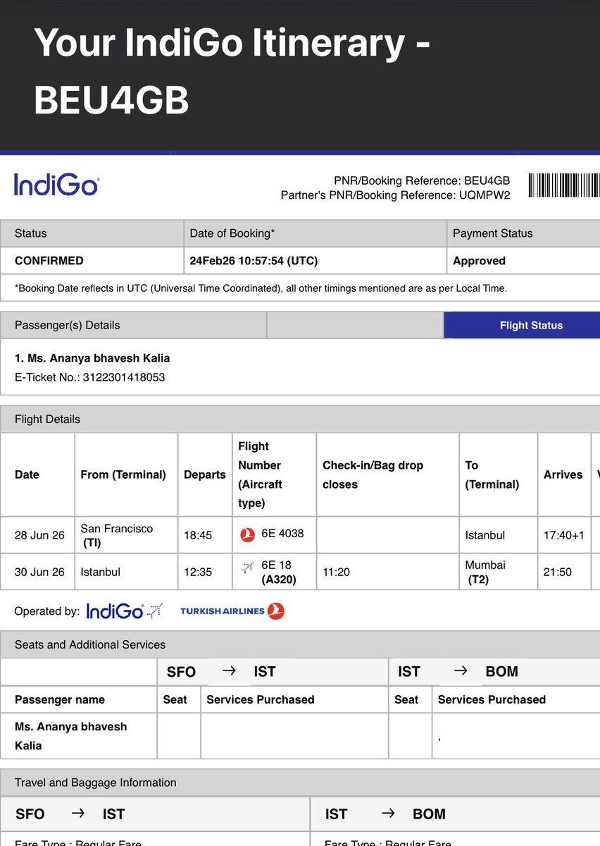 bpkalia's tweet photo. @IndiGo6E – URGENT PASSENGER RIGHTS VIOLATION

PNR BEU4GB | Passenger: Ananya Bhavesh Kalia

Ticket SFO–IST–BOM was sold with 1h45m transit in Istanbul, but after payment IndiGo changed it to ~19 hour overnight layover. This is a material schedule change & clear misrepresentation of service.

Under DGCA Civil Aviation Requirements (CAR), Section 3 Series M Part IV, passengers are entitled to a FULL REFUND for involuntary schedule changes of this magnitude.

Forcing passengers into an overnight transit requiring visa & hotel costs is unacceptable and violates international aviation passenger protection norms.

Requesting immediate 100% refund to original payment method.

If not resolved promptly, this matter will be escalated before @DGCAIndia @MoCA_GoI @jagograhakjago @consaff @PMOIndia for regulatory action.

PNR: BEU4GB
BluChip Member: 040401841

#PassengerRights #DGCA #AviationLaw #ConsumerRights #IndiGo