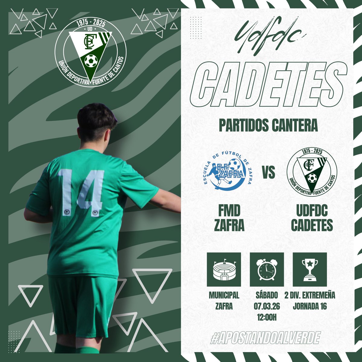 #CANTERA

‼️CADETES‼️
🏆 2ª Div. Extremeña
🆚 FMD Zafra
🗓️ Sábado 7 marzo 2026
🕧 12:00H
🏟️ Pvo. Tomás de la Hera

#ApostandoAlVerde