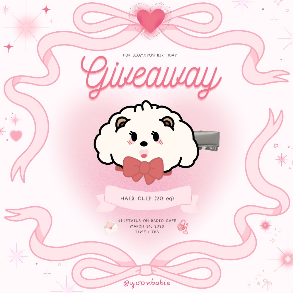yoonbabie's tweet photo. ˙✧˖°⋆｡° kindly rt 𓂃 ˖𓈒ㅤ♱ ₊  

giveaway for 𓊆ྀི #UppuzBday_BKK 𓊇ྀི

ぴྀི ̥ɞ̴̶̷ ·̥ ɞ̴̶̷ ིྀ♡ bamgeut hairclip 🎀

💌 14 mar 2026 | 🕑 tba
🫖 ninetails on radio cafe

ˏ.˖༝ pls rt &amp; show this tweet ༝˖.ˏ

#HappyBeomgyuDay https://t.co/0xU1tAfUeC
