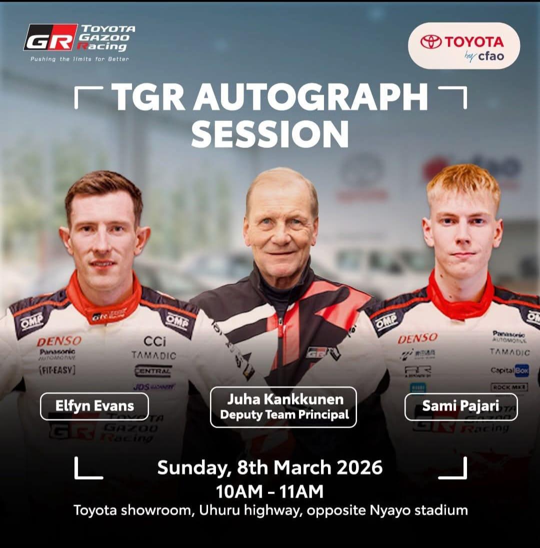 CinemaRoast's tweet image. From the podium to the showroom! 🏁

Catch @ElfynEvans and @samipajari this Sunday at Toyota Kenya, Uhuru Highway.
📍 10:00 AM – 11:00 AM.
Be there to meet the legends before the engines roar next week! 
#MadeForThis #CfaoMobilityDrivesKenya
@CFAOMobilityKE