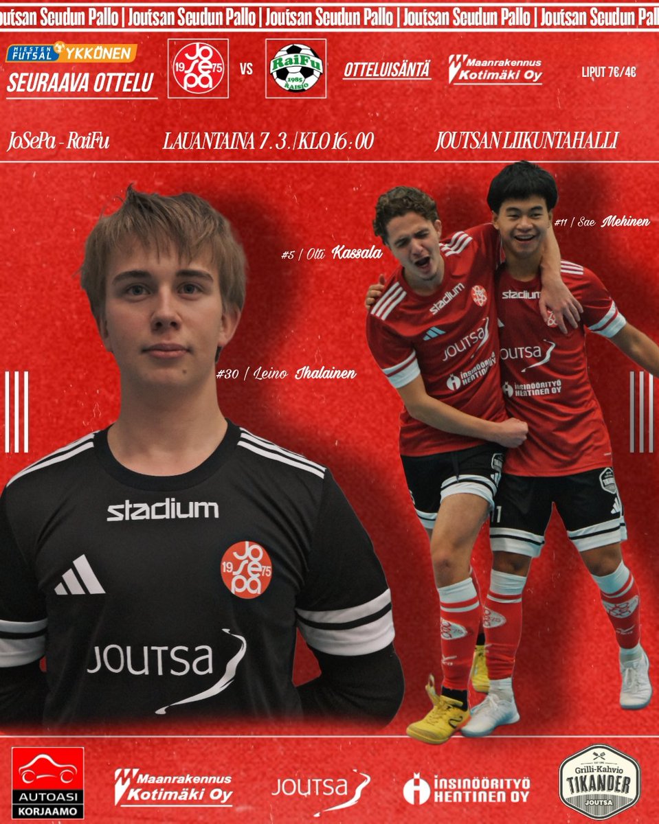 Huomenna. Kausi päätökseen. Kauden suurin yleisömäärä tähän mennessä on 178 katsojaa hallin lehtereillä - eiköhän laiteta tästä vielä paremmaksi! 🔥🔴⚽

JoSePa 🆚 RaiFu
🗓️ La 7.3.
📍 Joutsan liikuntahalli
🕓 Klo 16:00
🎟️ 7€/4€

Nähdään hallilla! 👋🏻🤩

#futsalfi #joutsa