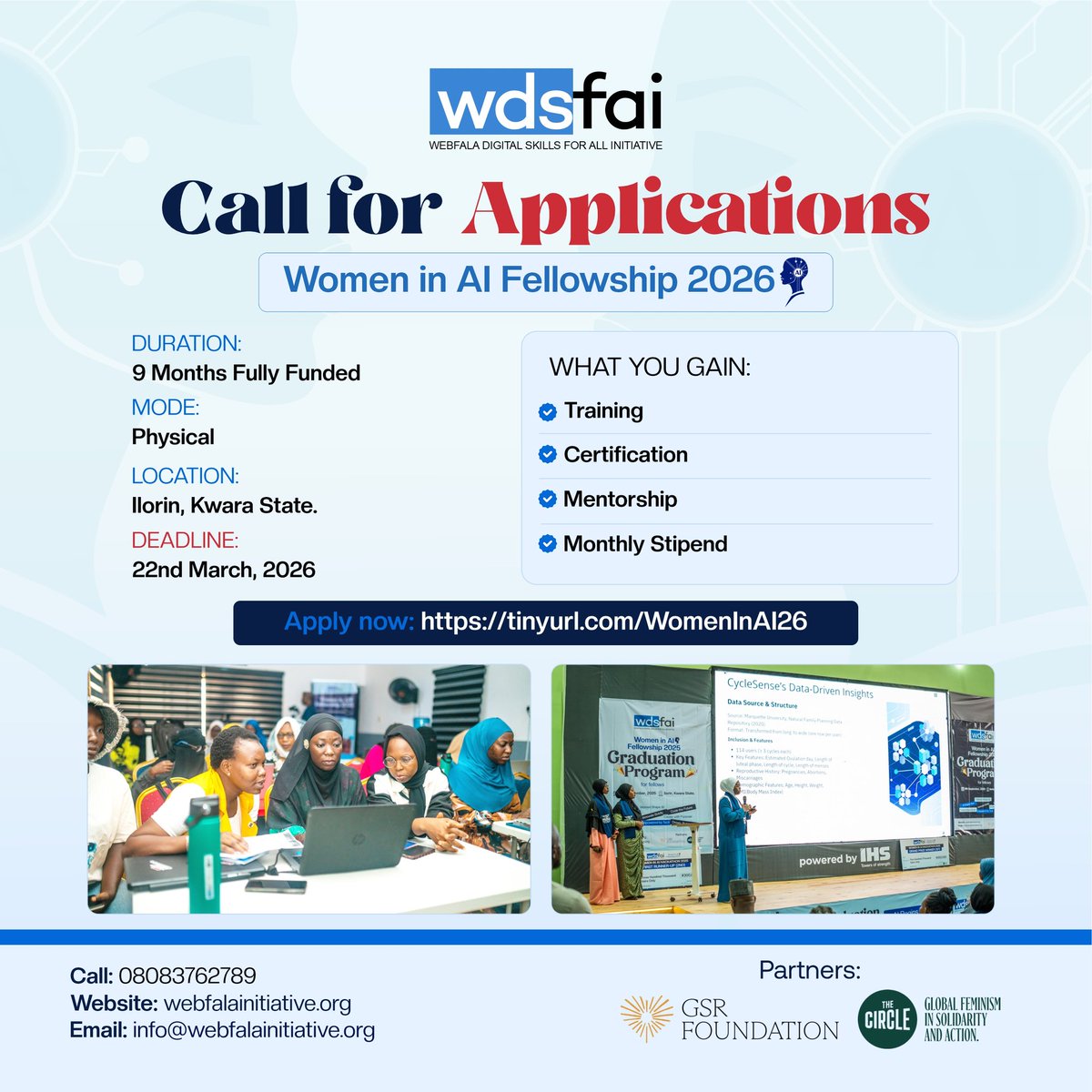 Webfalainitiat1's tweet photo. The Fully Funded Women in AI Fellowship 2026 by Webfala Digital Skills for all Initiative is now open for applications.

📍Ilorin, Kwara State
🗓️ 9 Months (Physical)
⏰ 22 March 2026

Apply 👇 
https://t.co/B59Z0BlAEL

@TheCircleNGO
@foundation_gsr
@NITDANigeria
@KashifuInuwa https://t.co/MRTtVWE5Ek