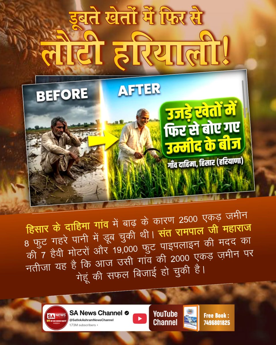 #किसान_मसीहा_संतरामपालजी
हिसार के दाहिमा गांव में बाढ़ के कारण 2500 एकड़ जमीन 8 फुट गहरे पानी में डूब चुकी थी। संत रामपाल जी महाराज की 7 हैवी मोटरों और 19,000 फुट पाइपलाइन की मदद का नतीजा यह है कि आज उसी गांव की 2000 एकड़ जमीन पर गेहूं की सफल बिजाई हो चुकी है।

SA News Channel YT