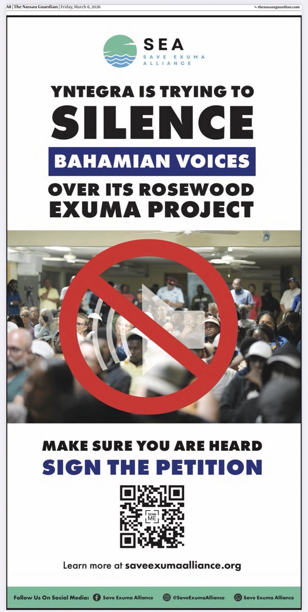 Bahamians should never be threatened into silence for speaking about projects that could damage our environment and alter the character of the Exuma Cays.

I stand with @SaveExumaAlliance.
Sign the petition:
change.org/stopsampsoncay…