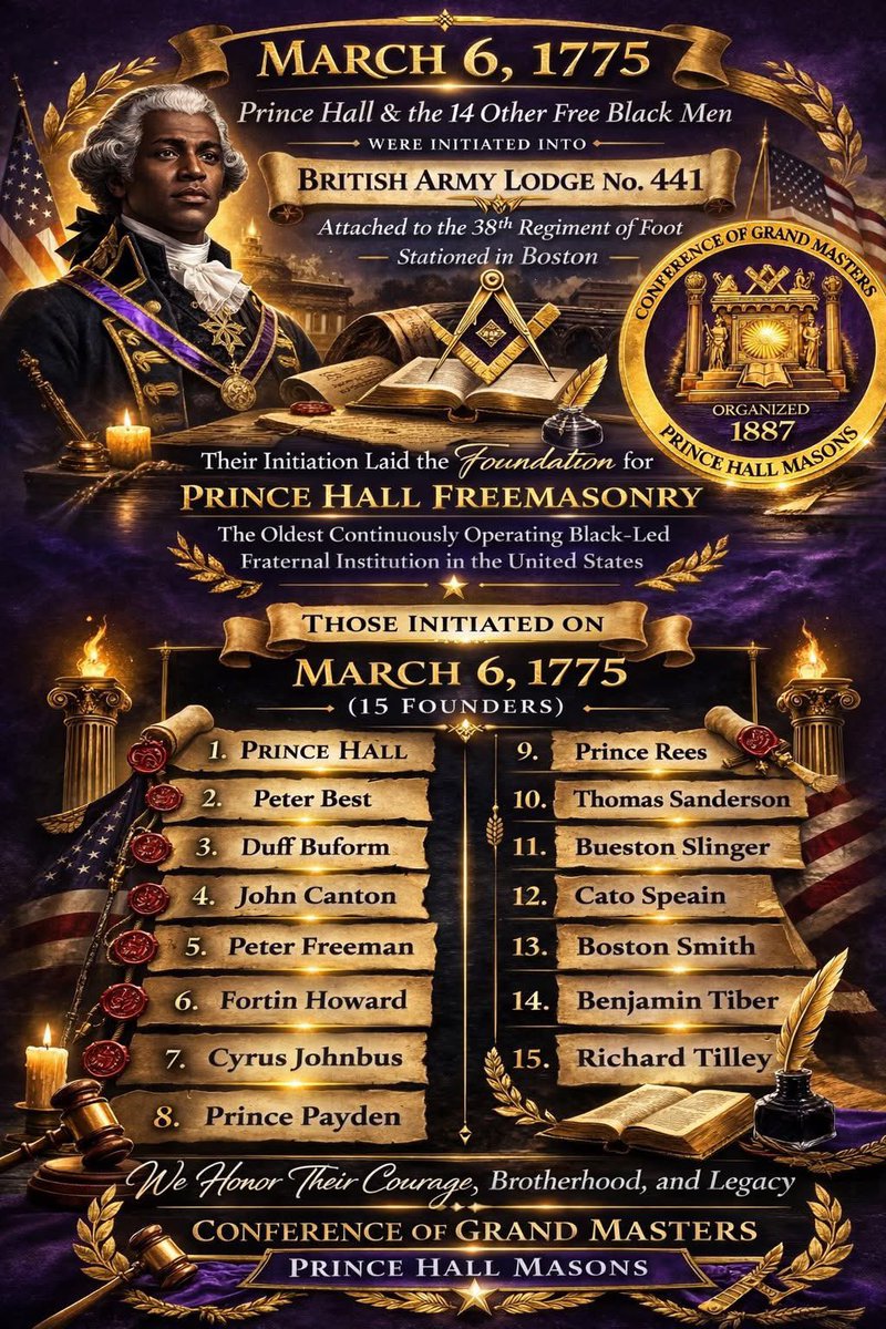 On this day, Prince Hall and fourteen other Free Black men were initiated into British Army Lodge No. 441, laying the foundation for what would become Prince Hall Freemasonry—the oldest continuously operating Black-led fraternal institution in the United States.
