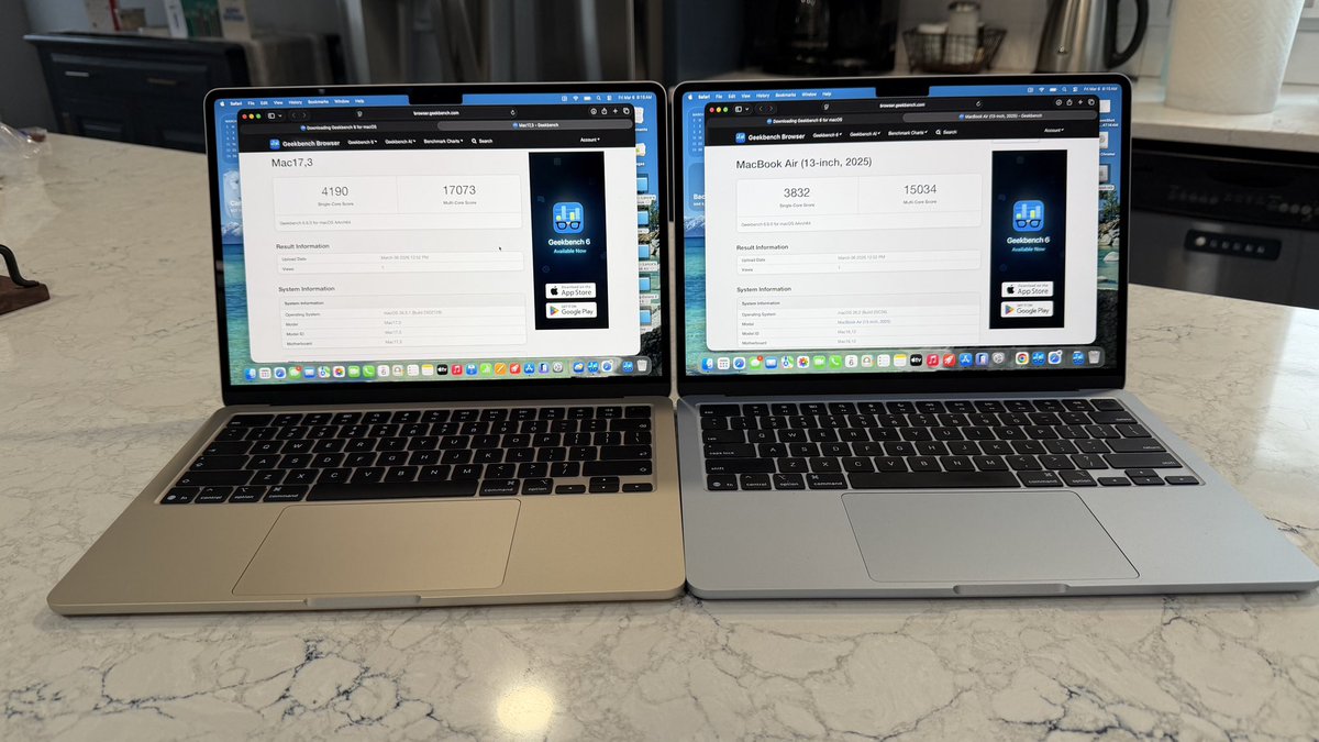 LanceUlanoff's tweet image. How does the MacBook Air M5 compare to the MacBook Air M4? Here’s how Geekbench sees it