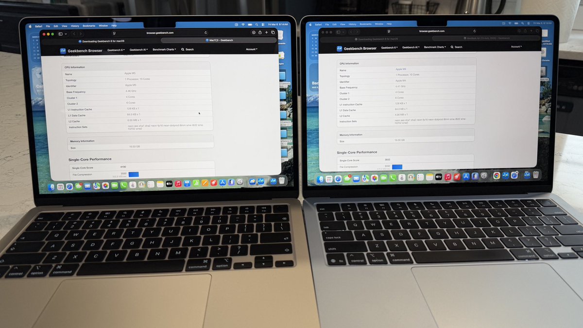 LanceUlanoff's tweet image. How does the MacBook Air M5 compare to the MacBook Air M4? Here’s how Geekbench sees it