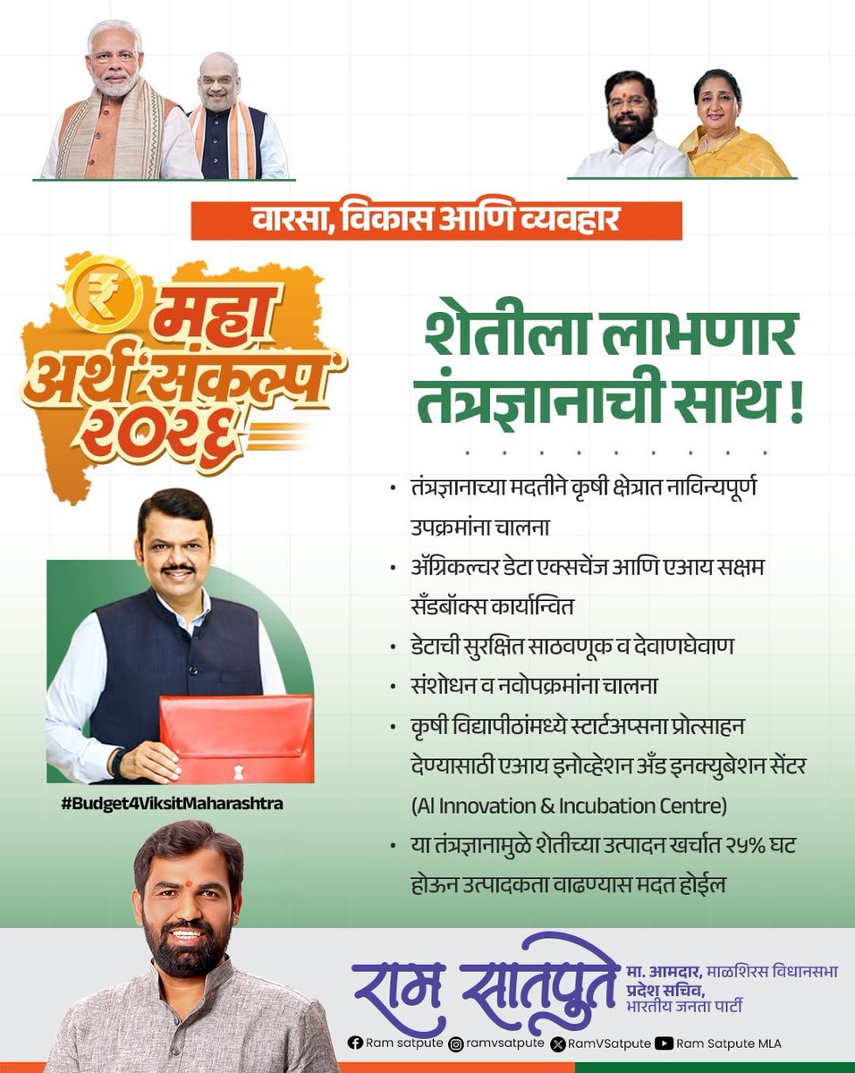 RamVSatpute's tweet image. वारसा, विकास आणि व्यवहार – महा अर्थ'संकल्प'२०२६

शेतीला लाभणार तंत्रज्ञानाची साथ!

@Dev_Fadnavis

#MaharashtraBudget2026 #DevendraFadnavis #TechForFarmers #AgriReforms #GrowthWithVision #NewMaharashtra