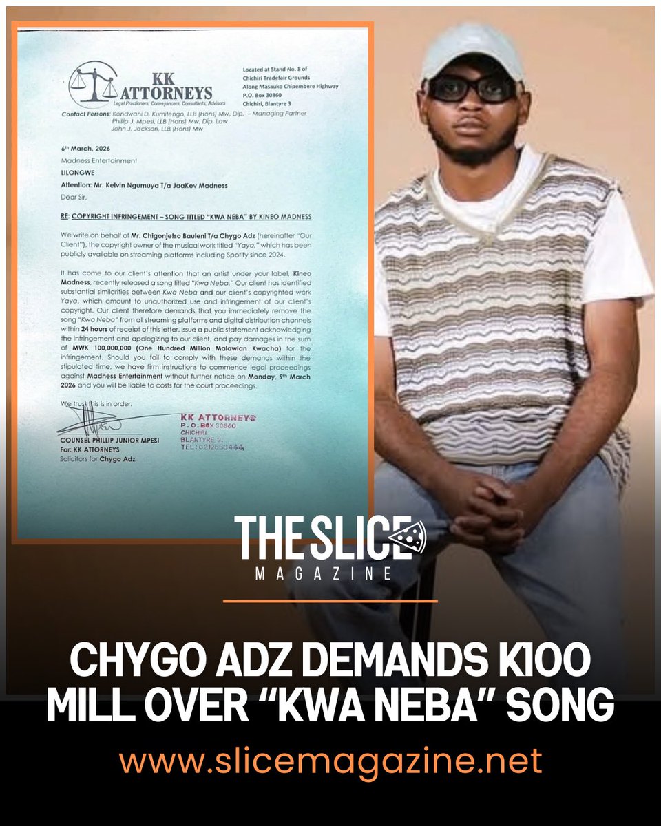 slicemagazine's tweet photo. Lawyers representing Chygo Adz have written to Madness Entertainment demanding the removal of Kineo’s song “Kwa Neba,” claiming it closely resembles Chygo Adz’s 2024 track “Yaya.” The letter also demands an apology and K100 million in damages. 👀 https://t.co/fXH5X7wCXO