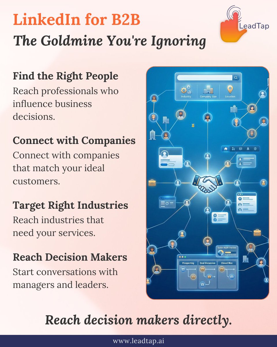 leadtapdigi's tweet photo. LinkedIn isn’t just networking - it’s a powerful B2B channel.
✅Find the right professionals.
✅Connect with the right companies.
✅Target the right industries.
✅Reach decision makers.
Leadtap helps turn LinkedIn into real opportunities.
#B2BMarketing #LinkedInMarketing #Leadtap https://t.co/8ikwfmv3mU