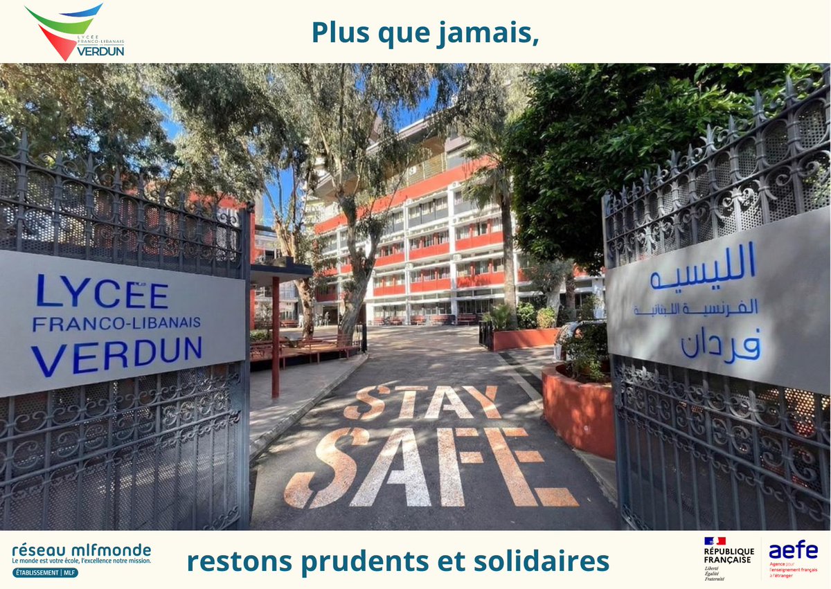 LFLV_MLF's tweet photo. Dans ces circonstances difficiles, la communauté du Lycée Franco-Libanais Verdun reste unie et pleinement mobilisée pour soutenir ses élèves.

Plus que jamais, nous sommes à vos côtés. Prenez soin de vous. 

@aefeinfo @mlfmonde https://t.co/NFqwAe6hXC