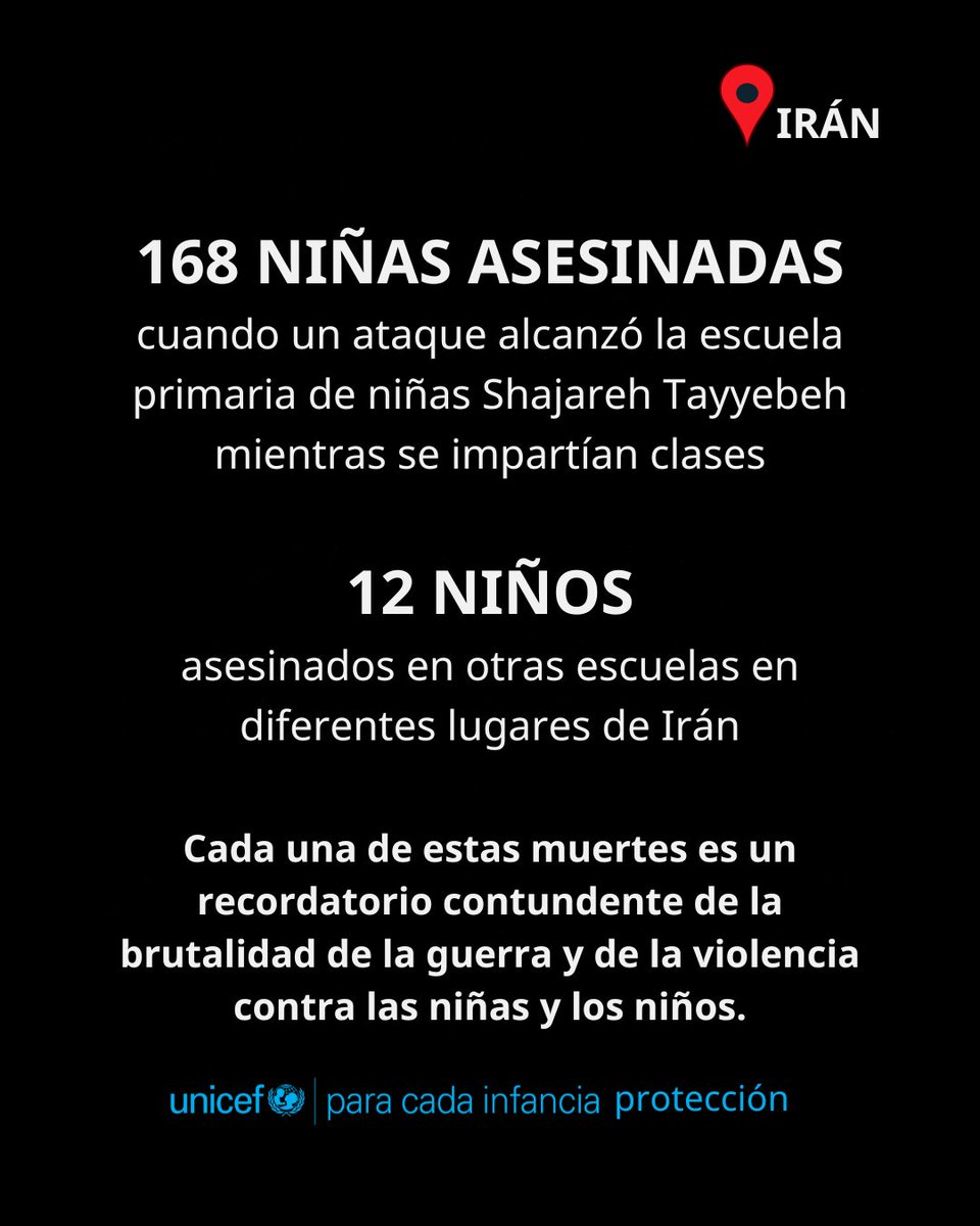💔 Al menos 180 niños han muerto en esta escalada militar en Irán.
Las escuelas deben ser lugares seguros. Para cada infancia: PAZ AHORA unicef.es/prensa/iran-la…