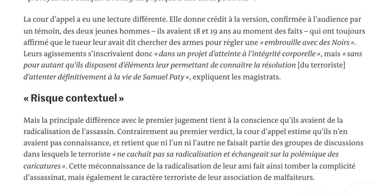 Analyse succincte par Soren Seelow de la motivation de la Cour d'assises qui a acquitté Naïm Boudaoud des faits de complicité d'assassinat terroriste de Samuel PATY.

Une motivation qui suit très exactement notre défense à l'audience, avec <a href="/HRaaaahhh/">Hiba Rizkallah</a>.

lemonde.fr/societe/articl…