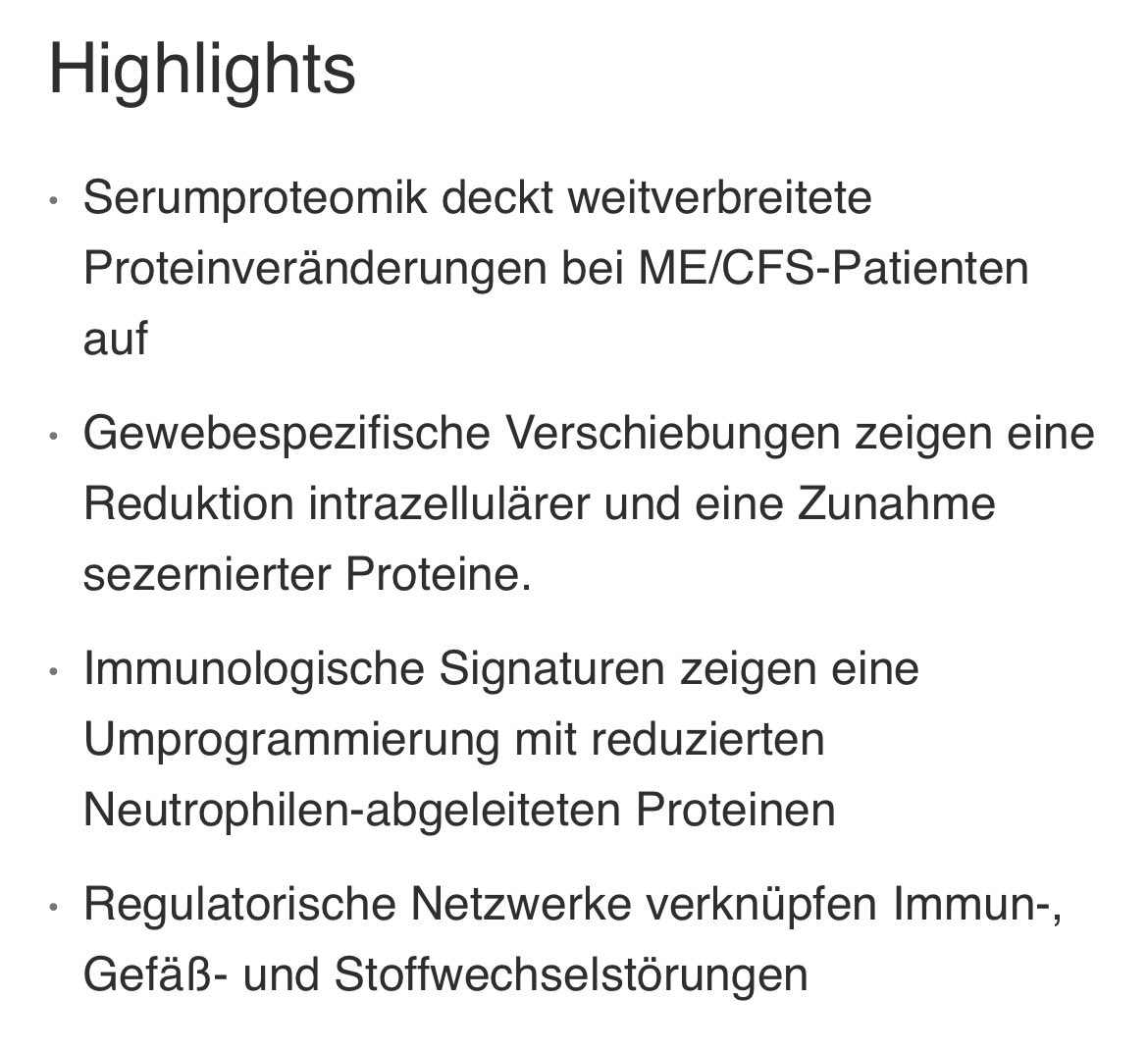 RWittenbrink's tweet photo. typischen Symptome (PEM, Fatigue, kognitive Probleme) erklären.
Fazit:
Das Serumproteom zeigt bei ME/CFS ein charakteristisches Muster, das durch eine reduzierte Freisetzung intrazellulärer und eine erhöhte Sekretion extrazellulärer Proteine gekennzeichnet ist. Dies deutet auf https://t.co/4LUyKYzqo9
