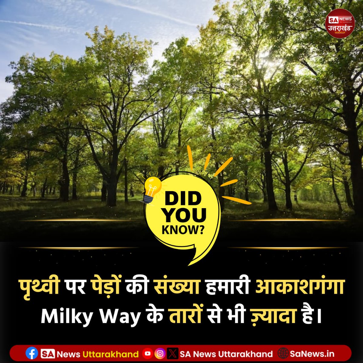SANewsUK's tweet image. क्या आप जानते है?🤔

पृथ्वी पर पेड़ों की संख्या हमारी आकाशगंगा Milky Way के तारों से भी ज़्यादा है।
.
.
6 March 2026
.
.
#amazingfact 
#sanewsuttarakhand