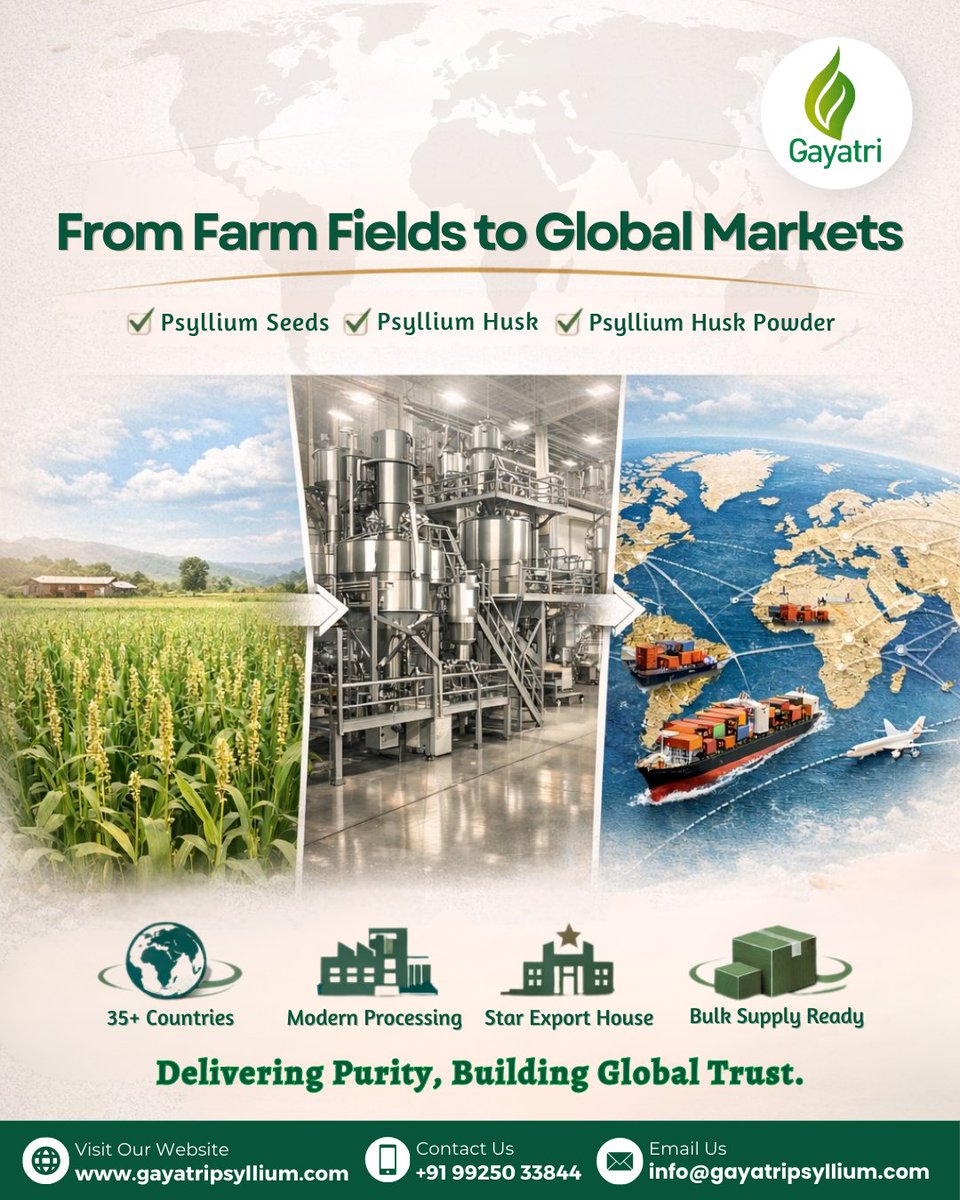 gayatripsyllium's tweet image. From India Fields to #GlobalExports
Since 2009, #GayatriPsyllium has been delivering premium #psylliumproducts across 35+ countries.

🌐gayatripsyllium.com/about-us/

#PsylliumExporter #PsylliumManufacturer #StarExportHouse #PlantagoOvata #DietaryFiber #IndianExporters #ExportQuality