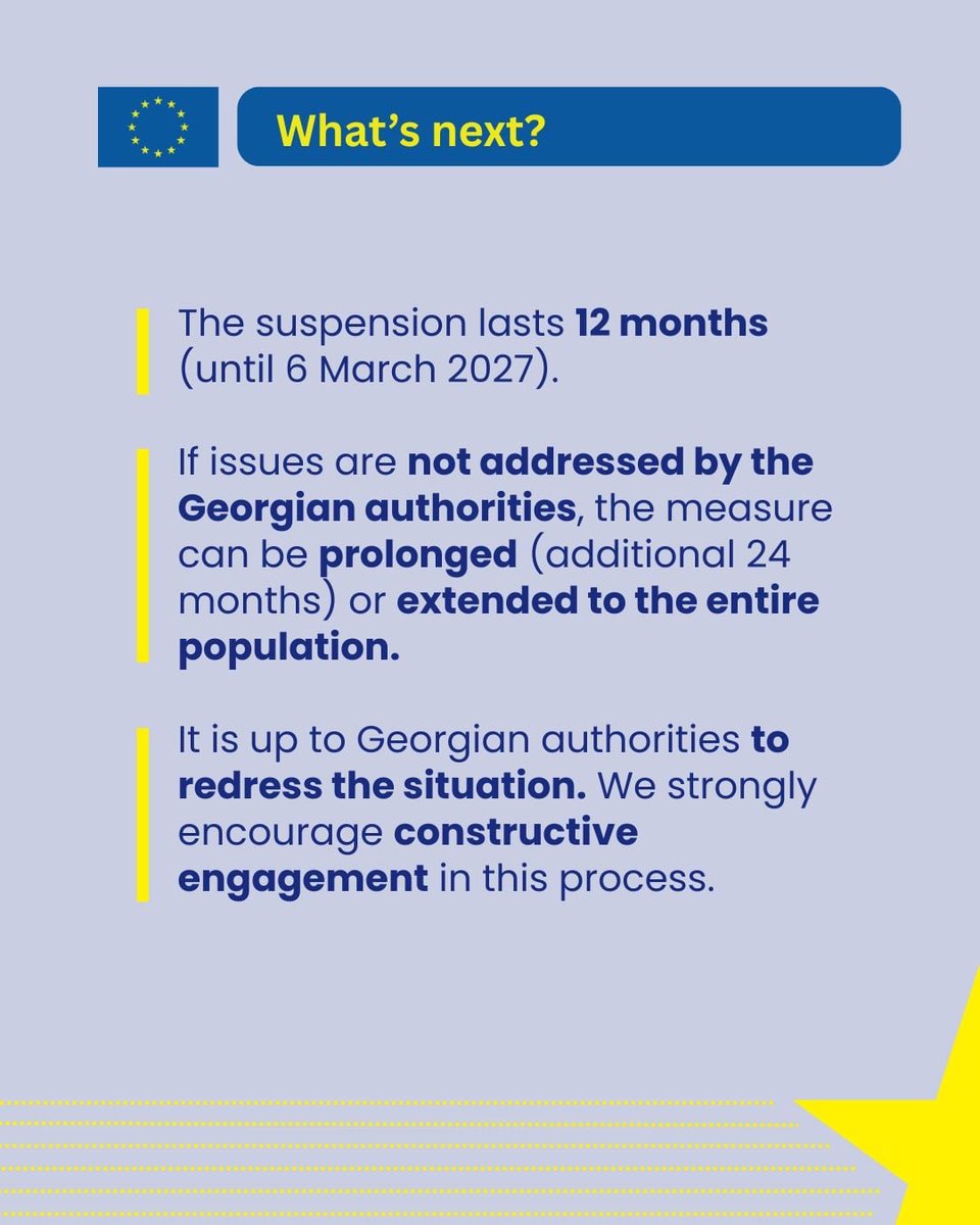EUinGeorgia's tweet photo. 🇪🇺 suspended visa-free travel for holders of 🇬🇪 diplomatic, service and official passports. 🇬🇪 has ignored 🇪🇺 recommendations and violated its commitments. Violations have consequences. It's up to Georgian authorities to redress the situation: https://t.co/DT1vvsQaOR https://t.co/Ctmutb7U1w