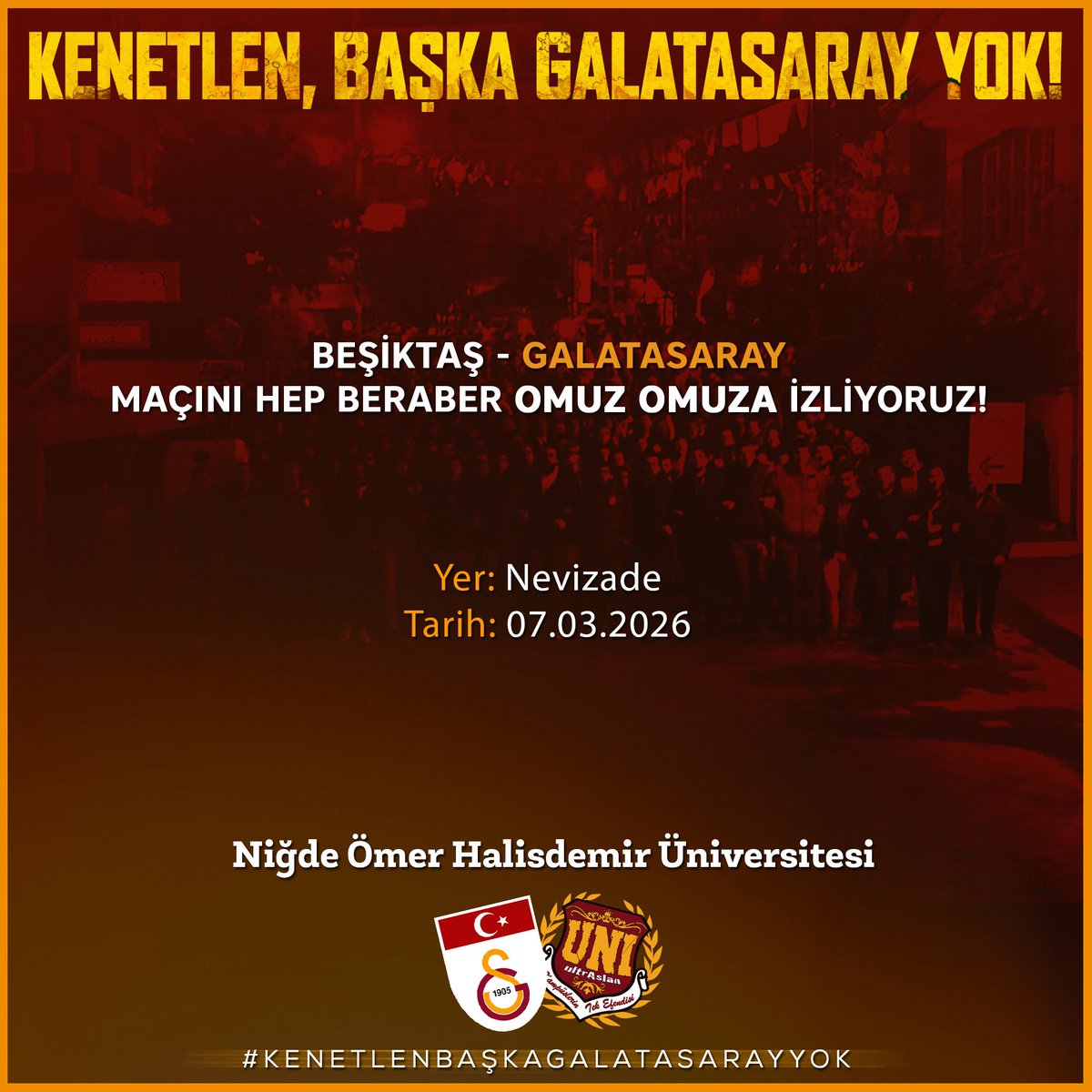 uAUNINigde_'s tweet photo. !ŞEHRİN TEK HAKİMİ!

GALATASARAY - jimnastik kulübü maçını hep beraber omuz omuza izliyoruz!!

📍Nevizade Cafe
🗓️07.03.2026
🕖20:00 https://t.co/qBB8g9wUwj