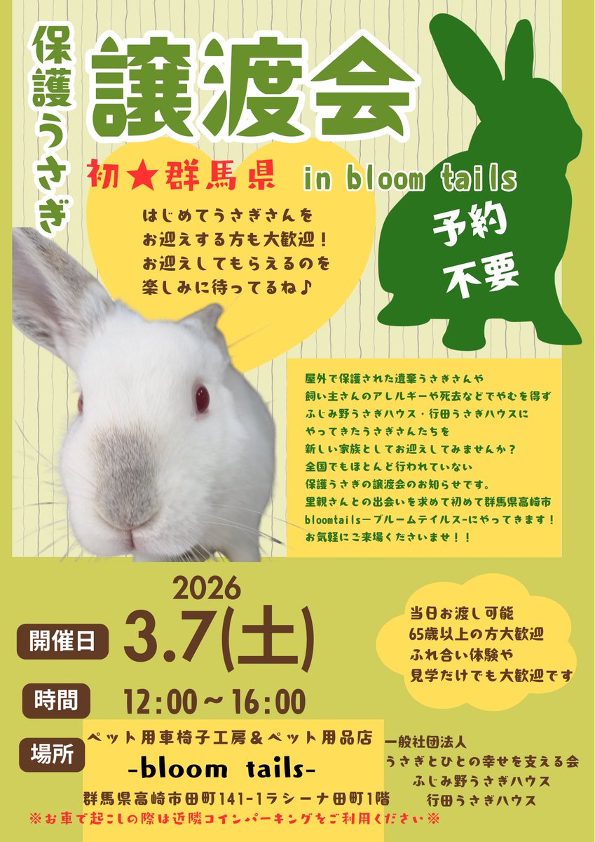koedousagihouse's tweet photo. 📢譲渡会のお知らせ🐰

✨❗️ついに、群馬県初開催❗️✨

【日時】3/7(土)12:00〜16:00

【場所】bloom tales〜ペット用車椅子工房&ペット用品店〜
（群馬県高崎市田町141-1ラシーナ田町1階）

ついに明日、群馬県高崎市にあるbloom tales （https://t.co/7xCUNOu4nU）さんにて譲渡会が開催されます😊

🌸今回は行田うさぎハウスの個性豊かなうさぎ達が参加予定ですよ🌸

まだあまり譲渡会の参加が少ない行田うさぎハウスのうさぎたちを、是非たくさんの人に知って欲しいです。
とーーってもかわいい子たちですよ😁

是非足を運んでみてください！お待ちしております✨

#行田うさぎハウス
#ふじみ野うさぎハウス 
#保護うさぎ
#譲渡会