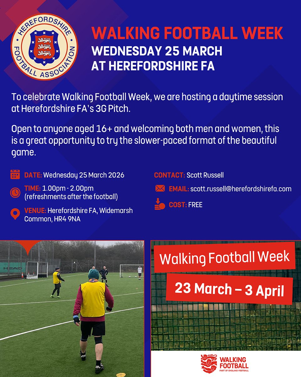 HerefordshireFA's tweet photo. To celebrate Walking Football Week, we’re hosting a Walking Football session on Tuesday 25 March at 1:00pm.

Do you play walking football, want to get back into the game, or want to try a slower-paced version of the beautiful game for the 1st time

…we'd love to see you there! https://t.co/svPHTFZ88d