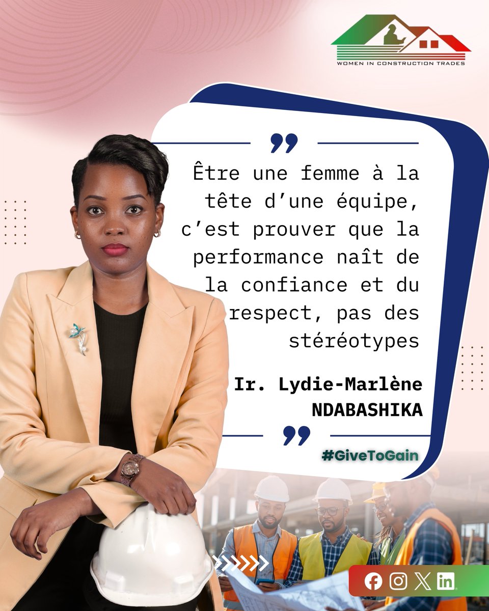 WCT_Bdi's tweet photo. La performance n'a pas de genre,elle n’a que des fondations solides:la confiance et le respect
Pour Ir. Lydie-Marlène NDABASHIKA,diriger dans la construction,c’est briser les stéréotypes par l’excellence et la rigueur.Osez construire l’avenir!
#GiveToGain #WomenInConstruction https://t.co/mNy1ViOQEI