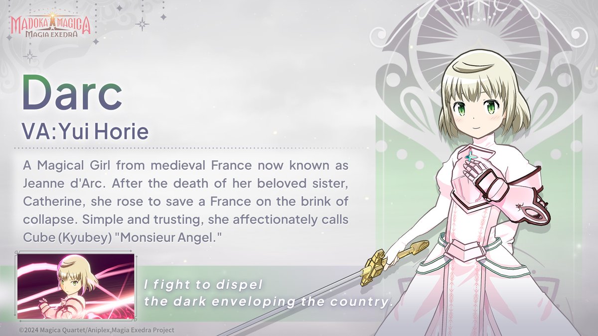 madoka_exedraEN's tweet photo. ✧━━━━━━━━━━━━━━━━━✧
#madoka_exedra Character Sneak Peek!
✧━━━━━━━━━━━━━━━━━✧
Darc (VA: Yui Horie)

"I fight to dispel the dark enveloping the country." https://t.co/u7MrqFG9pR