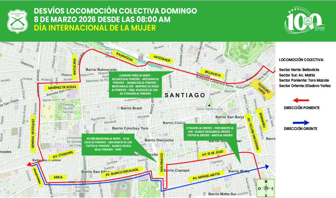 🚨 #Ahora: Con motivo de la conmemoración del Día Internacional de la Mujer #8M, este domingo se implementarán diferentes desvíos de tránsito en el centro de #Santiago, #Providencia y #Recoleta, los cuales comenzarán aproximadamente a las 08:00 horas.

Planifica tus