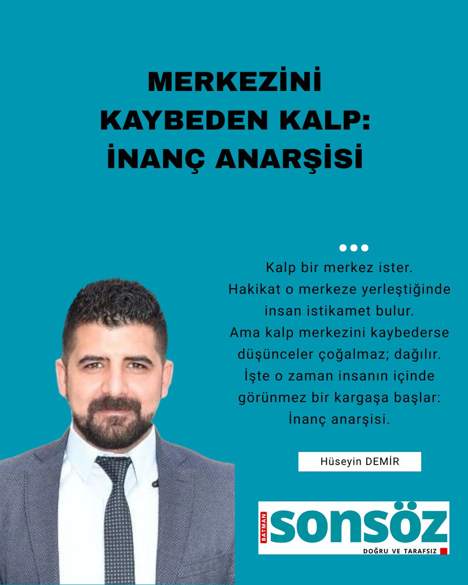Hdemir72's tweet photo. Kalp bir merkez ister.
Hakikat o merkeze yerleştiğinde insan istikamet bulur.

Ama kalp merkezini kaybederse düşünceler çoğalmaz; dağılır.

İşte o zaman insanın içinde görünmez bir kargaşa başlar:
İnanç anarşisi.

🔗https://t.co/VYQOMwbL9P

@BatmanSonsoz https://t.co/kd4wBg8Dcu