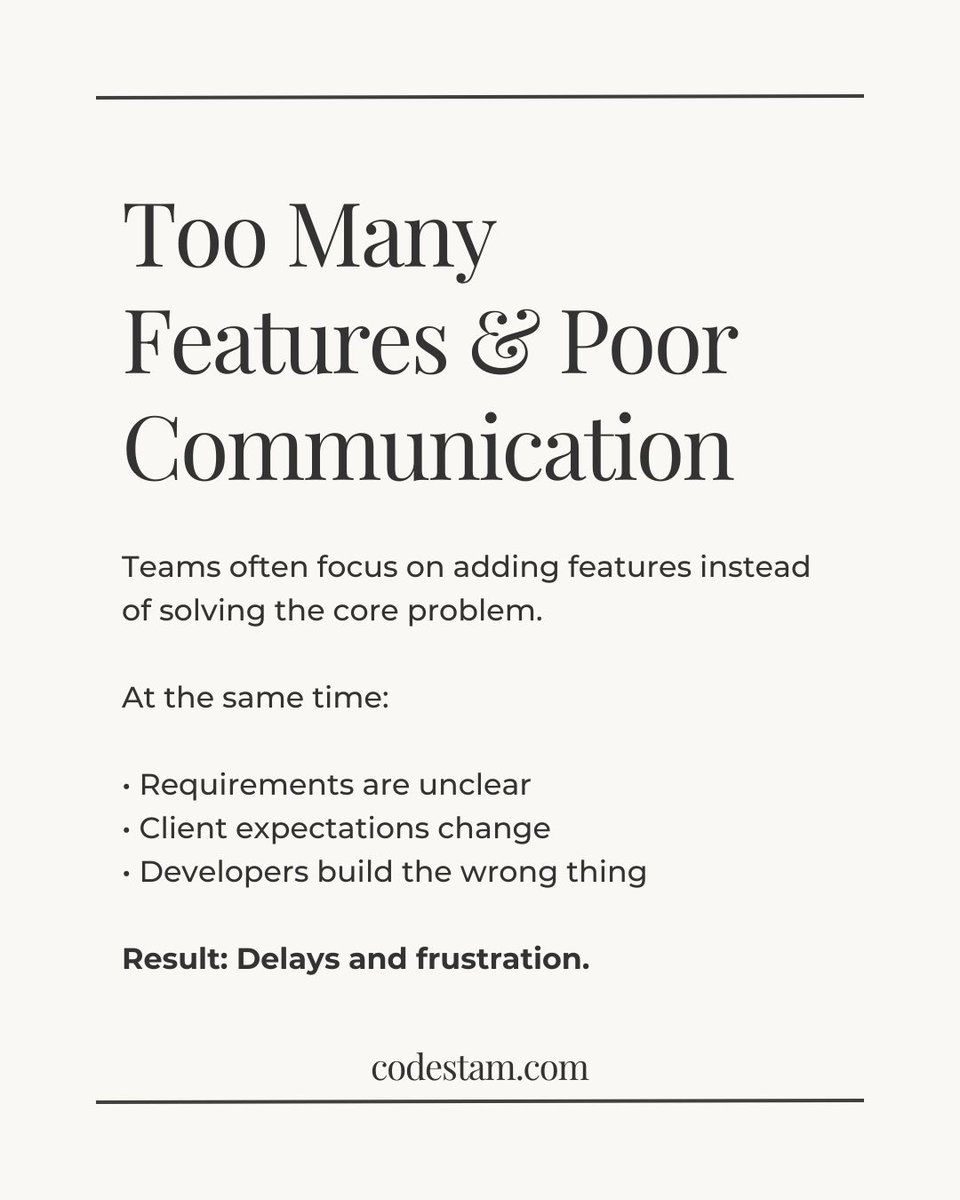 CodestamStore's tweet photo. Most software projects don’t fail because of bad developers.

They fail because the problem was never clearly defined.

Too many features.
Unclear communication.
No clear roadmap.

Great software isn’t about writing more code —
it’s about solving the right problem. https://t.co/uGJnHnONEQ