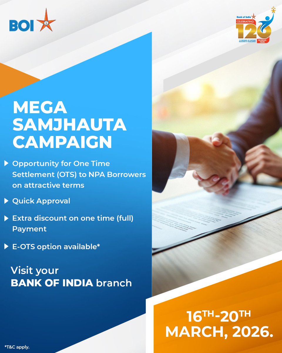 BankofIndia_IN's tweet photo. When you choose to settle, you choose certainty.
The Nirnayak Samjhauta Campaign provides NPA borrowers an opportunity to resolve accounts efficiently, with quicker processing and added benefits on full settlement.

Reach out to your Bank of India branch during the campaign period and move ahead with clarity.

#BankOfIndia #BOI #SamjhautaCampaign #AccountSettlement #FinancialPlanning