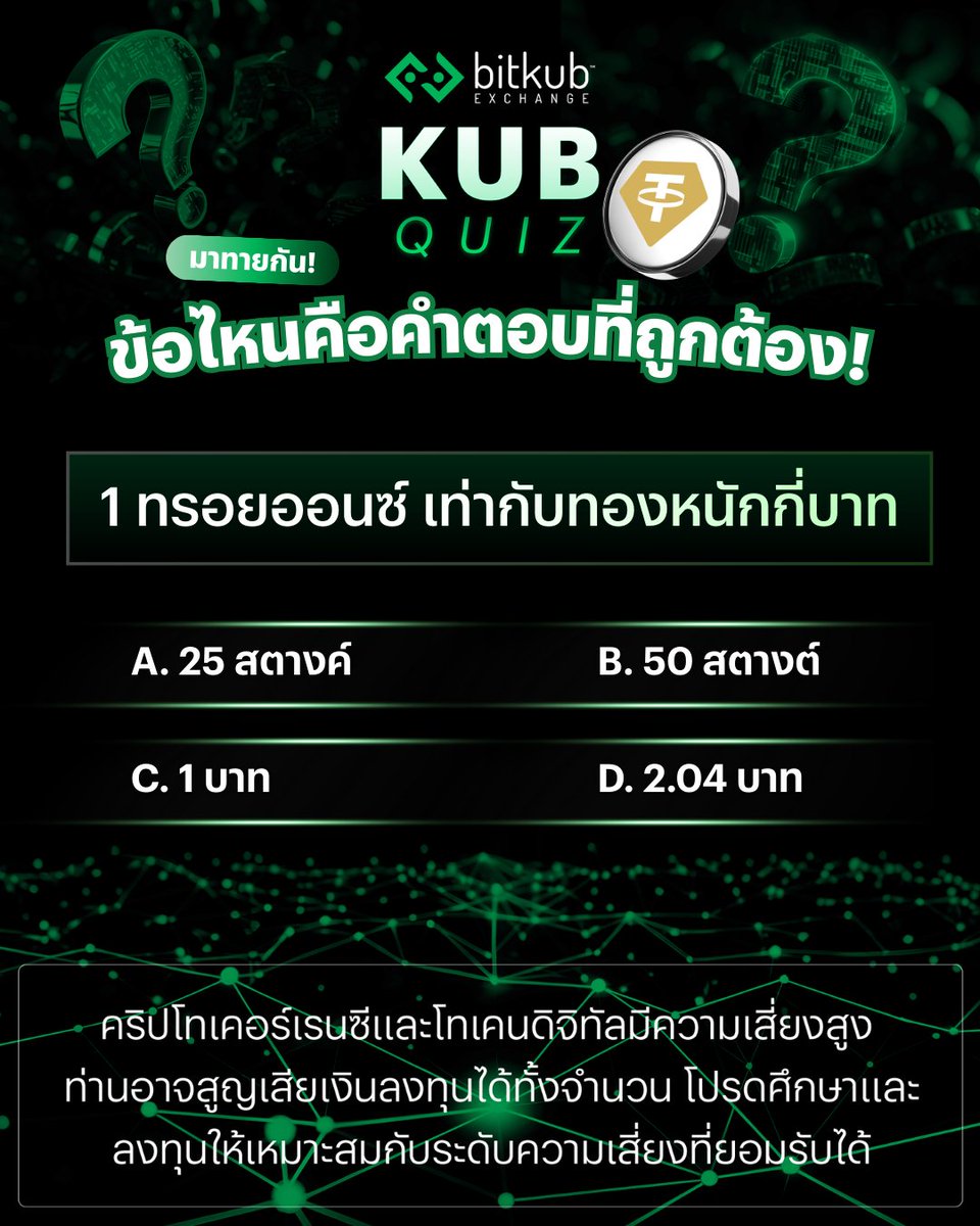 BitkubOfficial's tweet image. #KUBQUIZ วันนี้!
ชวนทุกคนมาทายปริศนา 1 ทรอยออนซ์ เท่ากับทองหนักกี่บาท
.
กดคอมเมนต์คำตอบไว้เลยครับ
.
คำเตือน: คริปโทเคอร์เรนซีและโทเคนดิจิทัลมีความเสี่ยงสูง ท่านอาจสูญเสียเงินลงทุนได้ทั้งจํานวน โปรดศึกษาและลงทุนให้เหมาะสมกับระดับความเสี่ยงที่ยอมรับได้
.
#Bitkub #BitkubExchange