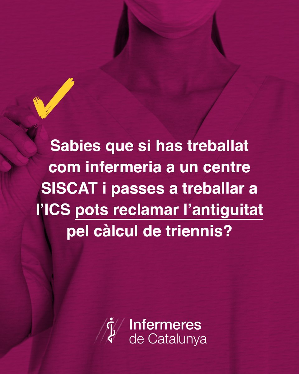 CatInfermeres's tweet photo. ❗Reclamem a L’ICS ❗
Reclamem que els serveis prestats en qualsevol centre del SISCAT siguin reconeguts per l’ICS per al càlcul dels triennis.

Avui dia passa una cosa incomprensible:
•⁠ ⁠Segons de quin centre SISCAT procedeixis, el temps treballat et compta… o no.

❌ Això és una injustícia.
La feina feta al SISCAT és experiència real dins del sistema públic de salut i ha de ser reconeguda igual per a totes les infermeres.

✊ Exigim:
El reconeixement dels serveis prestats en qualsevol centre SISCAT per al còmput de triennis a l’ICS.

👉 Si t’han denegat el reconeixement de triennis a l’ICS havent treballat al SISCAT, reclama.
👉 I si encara no ho has sol·licitat, ara és el moment de fer-ho.
🔗 https://t.co/2ItXFv4857 

🟣 Gratuït per a afiliades
És una qüestió de justícia i reconeixement professional.

#Triennis #SISCAT #ICS #DretsLaborals