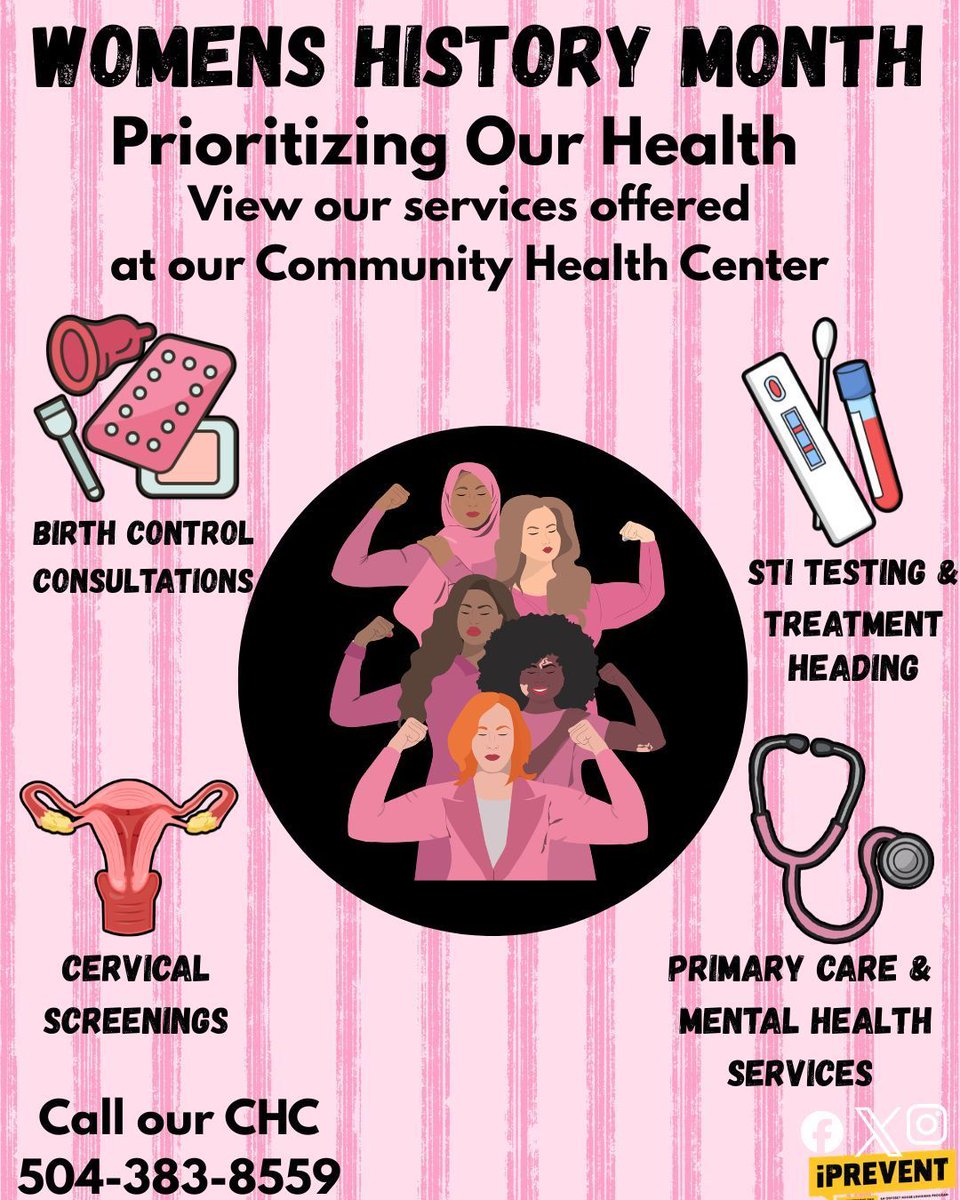 iPrevent_OHL's tweet image. Hey iPrevent Fam,

During Women's History Month, we celebrate women's strength and impact by prioritizing health. Regular check-ups and screenings are essential for early detection and well-being. To make an appointment, call 504-383-8559, M–F, 8AM – 5PM. 
#iprevent