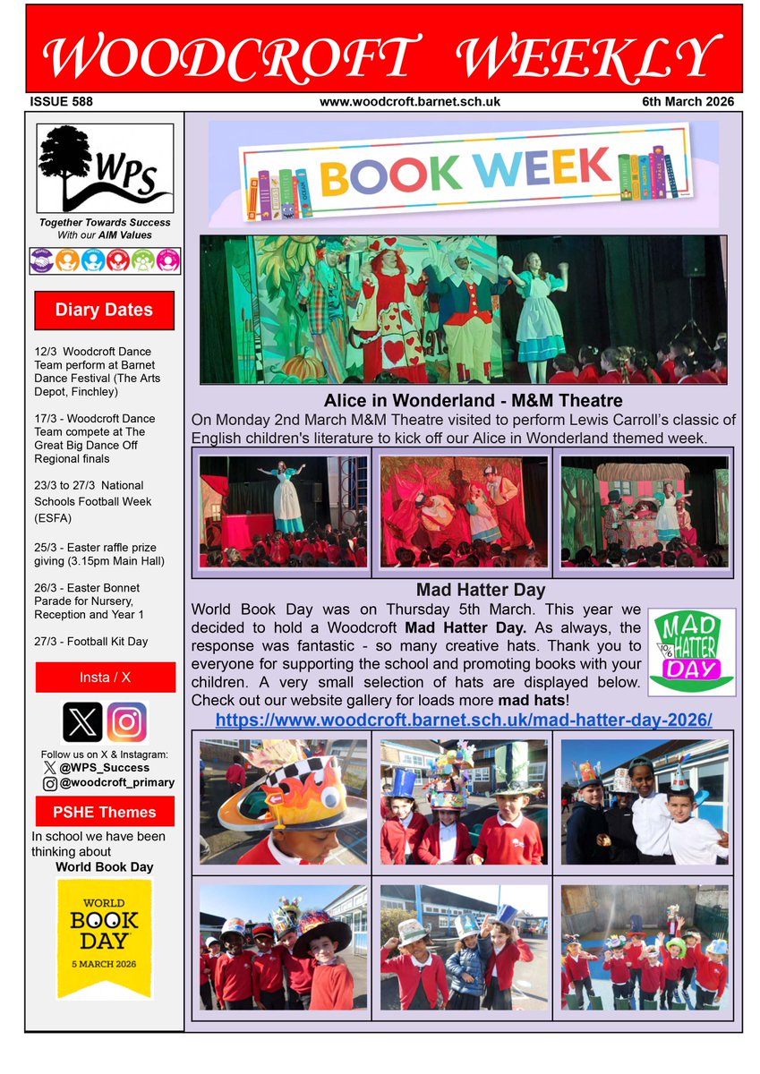 WPS_Success's tweet photo. The week was our Alice in Wonderland themed Book Week. We have enjoyed theatre groups, mad hat days, assemblies, quizzes and challenges! Read about all of this, and so much more, in Woodcroft Weekly Issue 588! https://t.co/EiqyUFZOzw