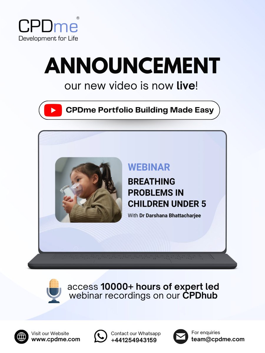 cpdme's tweet photo. 🔔 New webinar video is now live on YouTube!

Breathing Problems in Children Under 5
Presented by Dr Darshana Bhattacharjee

👉 Video Link:
https://t.co/SHKTqhmJPg

🌟 Get 14-day FREE trial now!

#CPD #CPDme #CPDhub #Webinar #RecordingCPD https://t.co/9BnydnITVZ