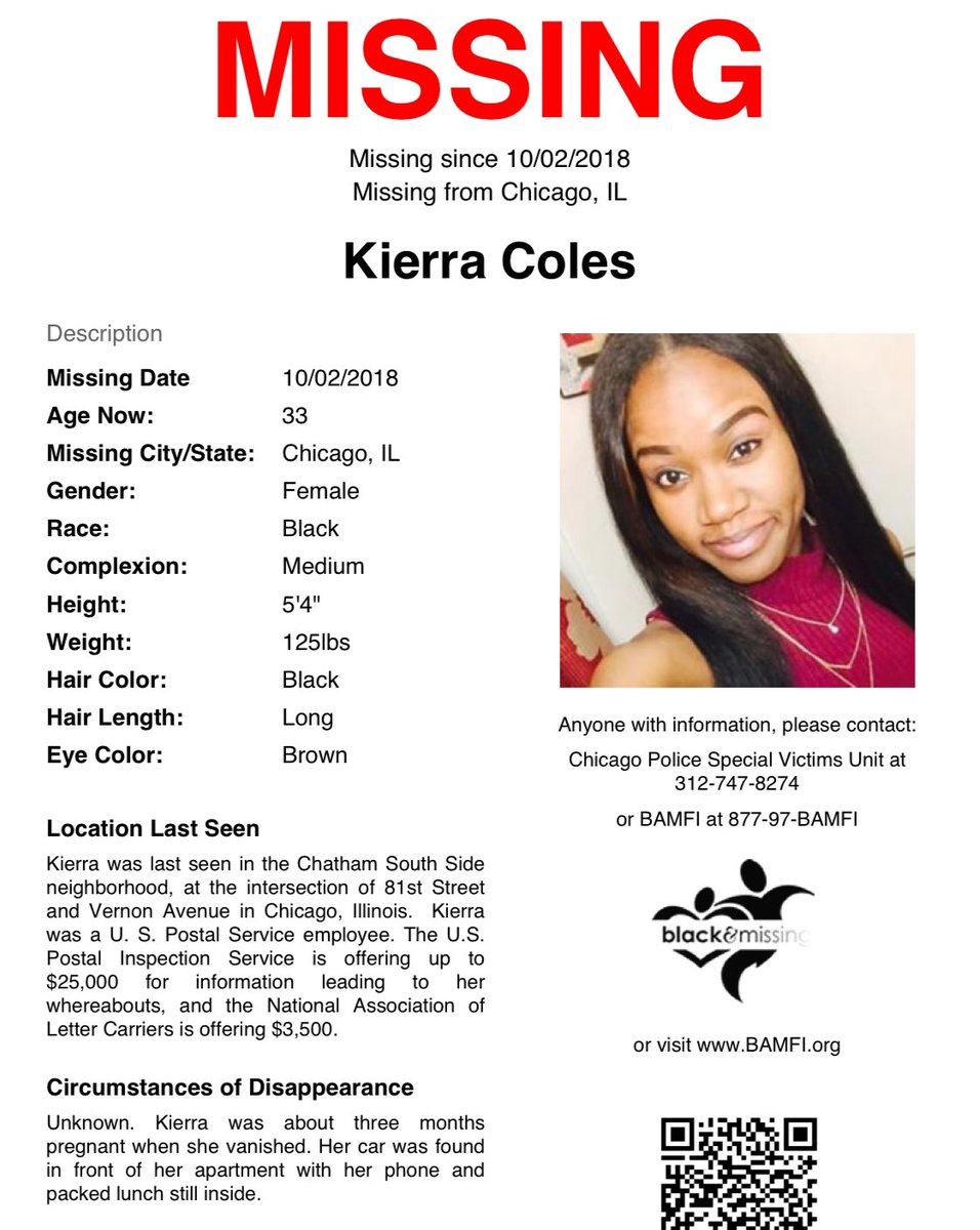 BAM_FI's tweet photo. #FindingFriday: #Chicago, #IL: #KierraColes was last seen in the Chatham Southside neighborhood, at the intersection of 81st St &amp; Vernon Ave on Oct 2, 2018, in her U.S. Postal Service uniform. https://t.co/JvkP7B9oQe