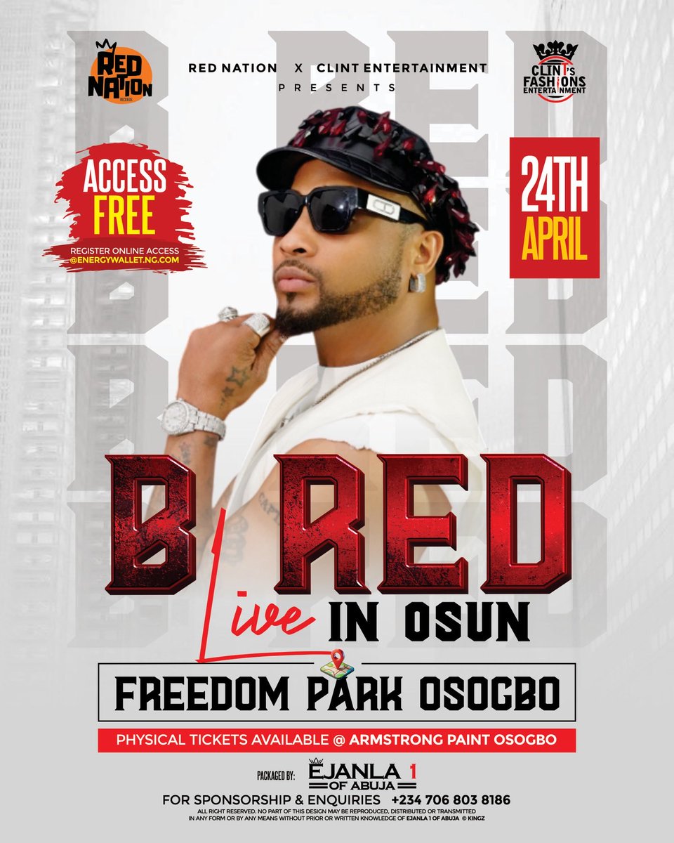 Osun, get ready! 🔥

<a href="/B_RedHKN/">B-RED!!!</a> is coming home for a massive night of music and energy.

📍 Freedom Park, Osogbo
📅 24th April
🎟 Access: FREE 

No excuses. Pull up with your people and let’s make it a night to remember. Osun go loud! 🔴