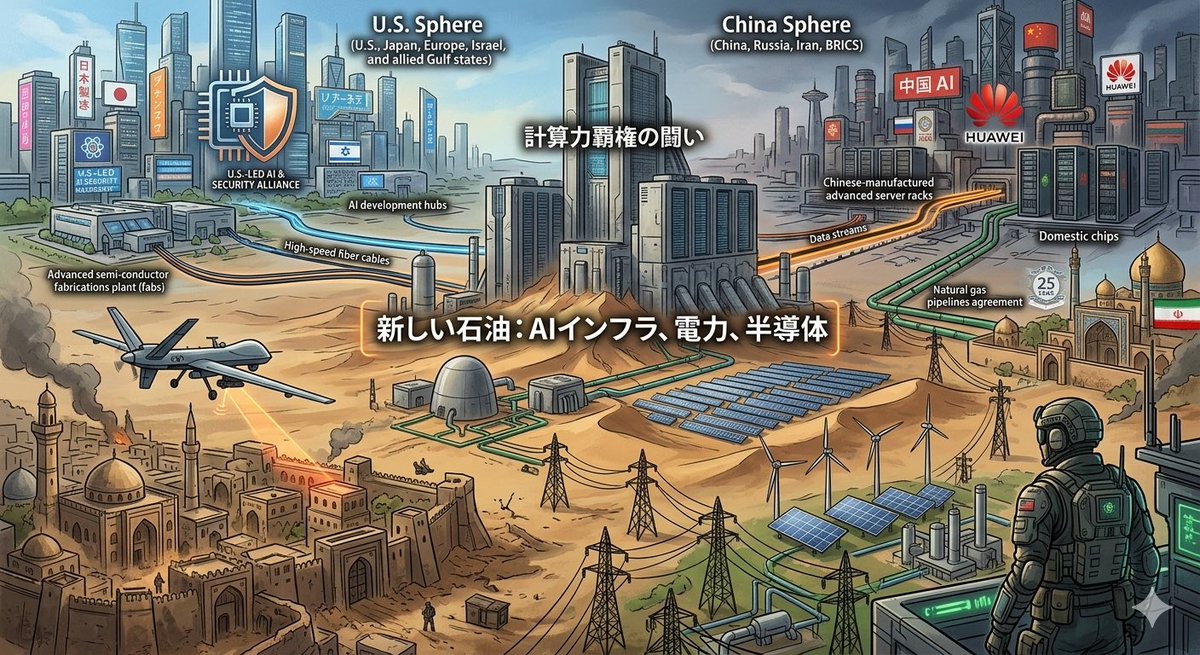 いま中東で起きている緊張を、宗教や石油だけで説明しようとすると全体像を見失う。
もう一つの軸は「AI覇権」だ。

AIに必要な資源は主に三つ。
半導体（GPU）、データセンター、そして電力。
特に電力は想像以上に重要で、大規模モデルの訓練では都市規模の電力を消費することもある。